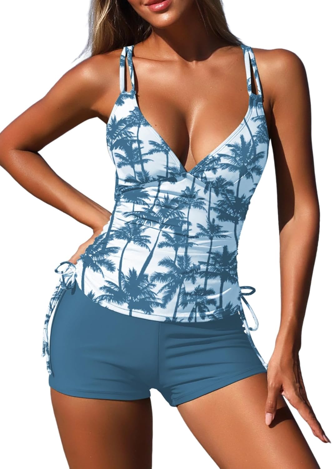 ZAFUL Women's 2025 Tankini Swimsuits Ruched Top Two Piece Tummy Control V Neck Bathing Suits with Short