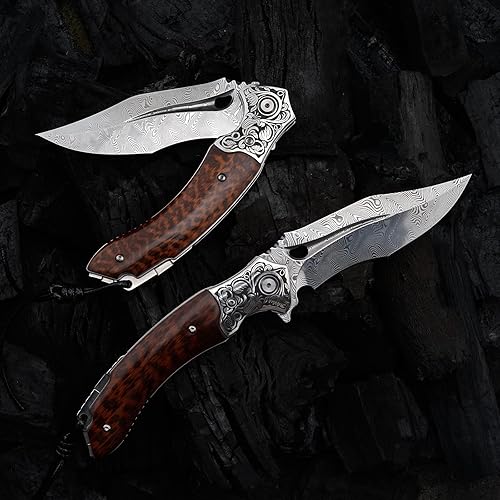 Miniatura 5 de Cuchillo plegable japonés VG 10 de acero de Damasco, Cuchillo de bolsillo de supervivencia al aire libre, Cerradura forrada con mango de madera de