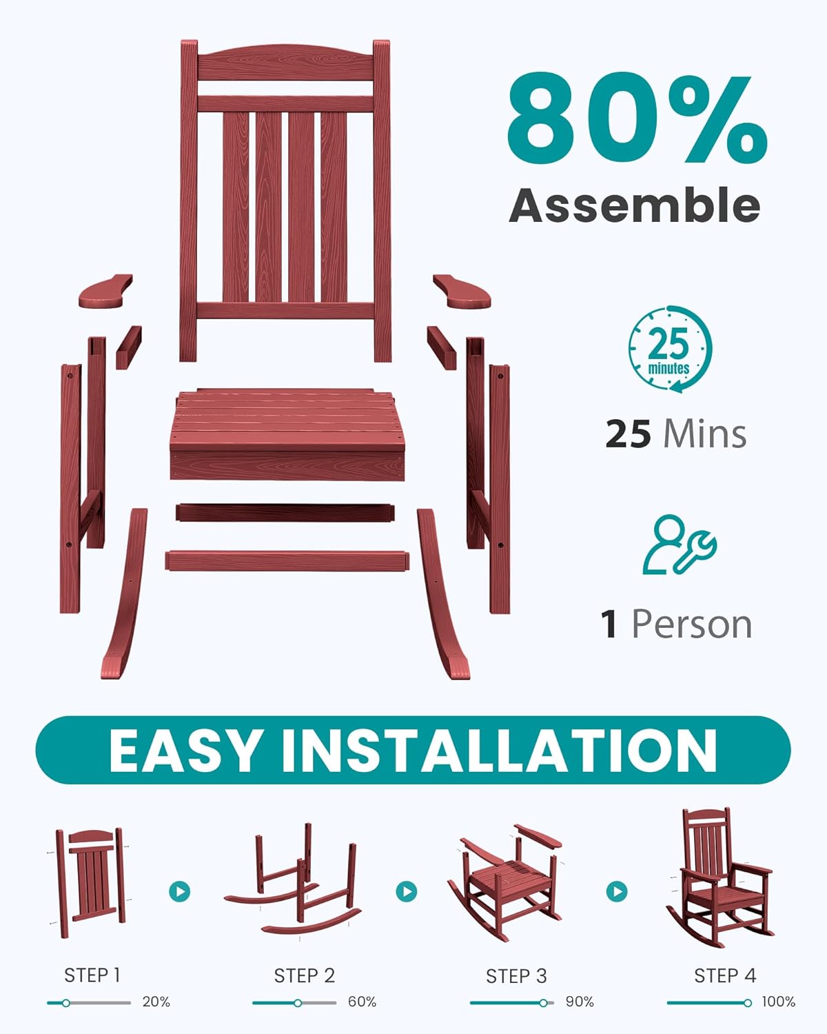 SERWALL Oversized Outdoor Rocking Chair, All-Weather Patio Rocking Chair, HDPE Porch Rocker for Adults, Red