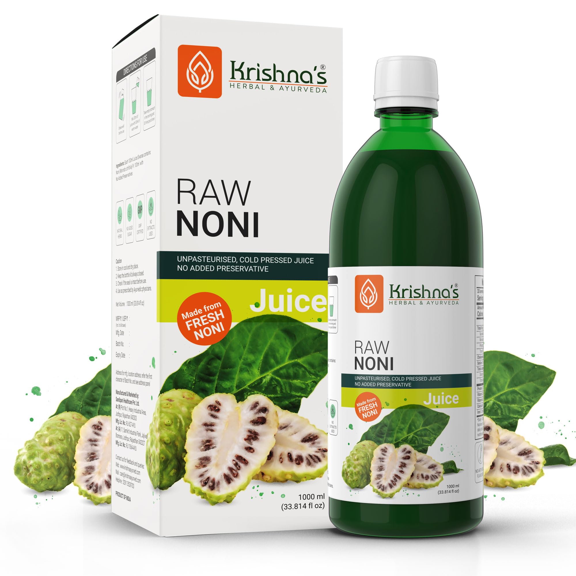 KRISHNA'S HERBAL & AYURVEDA Raw Noni Juice-1000 Ml|Preservative Free|No Added Thickener Color Or Flavor|Sugar Free Juice|Enhance Energy|Made With Fresh Noni Fruit (Morinda Citrifolia)