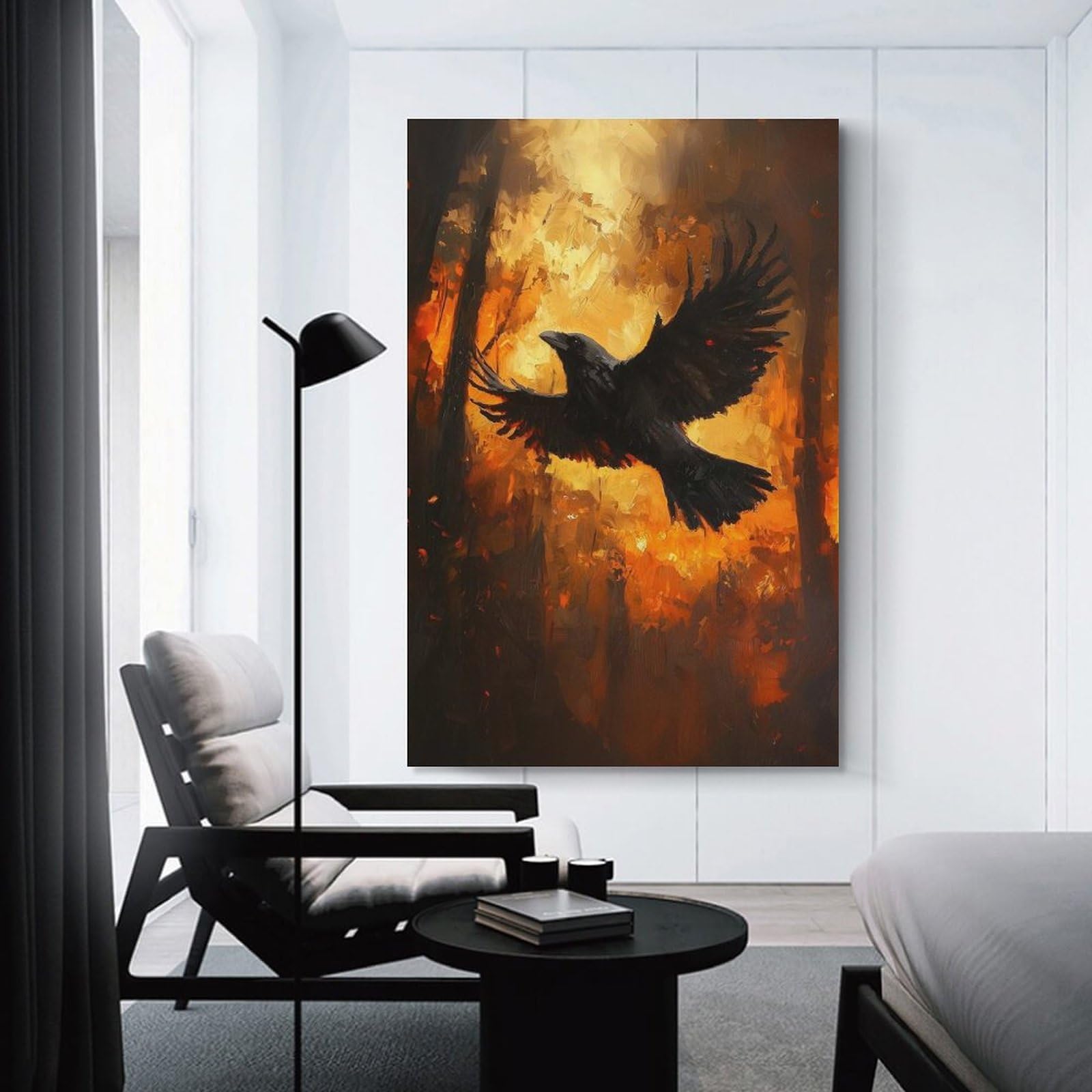 Junmoney Unframe-Style-20 Canvas Wall Picture Raven In Fire Painting, 16X24inch(40X60cm), For Bedroom, Lounge Or Dressing Area, Stylish Decor For A Restful Room Update