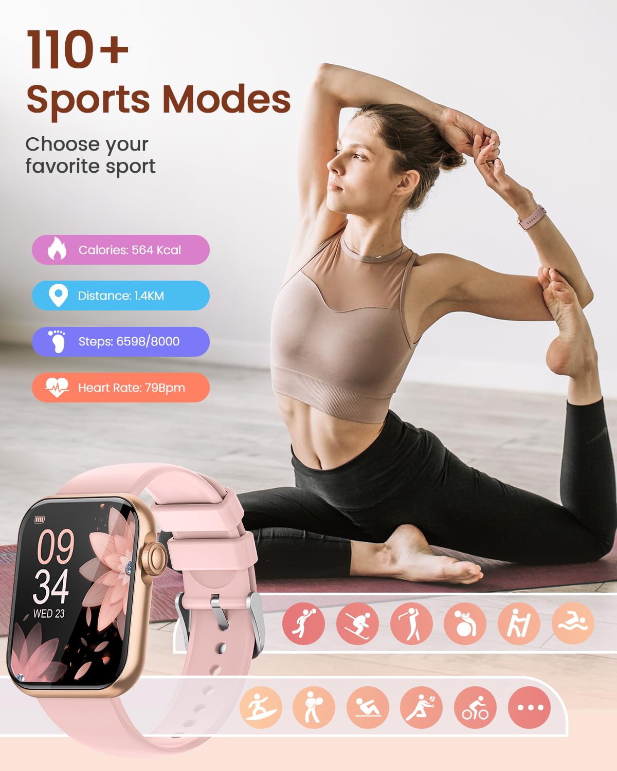 DEKELIFE Smartwatch Donna con Chiamate Bluetooth, 1,85'' HD Orologio con Fisiologia Feminile/SpO2/Sonno/Cardiofrequenzimetro, 100+ Sportive Fitness, Impermeabile IP68 Contapassi per Android iOS Oro