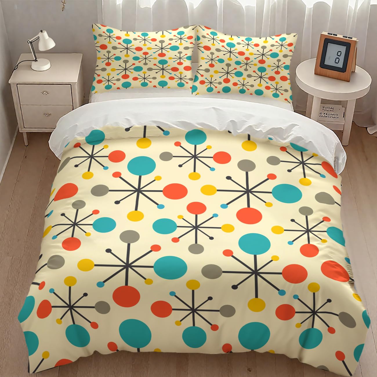 Modern Geometric Bedding Set,1950s 1960s Mid Century Vintage Abstract Atomic Stars Geometric Diamond Pattern Comforter Set with Pillowcase for Bedroom Bed Decor,Full 79"x90"