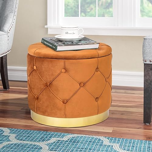 Miniatura 79 de Joveco Otomana redonda de almacenamiento, otomana tapizada con botones y parte superior extraíble, banco de almacenamiento, mesa auxiliar, Negro,