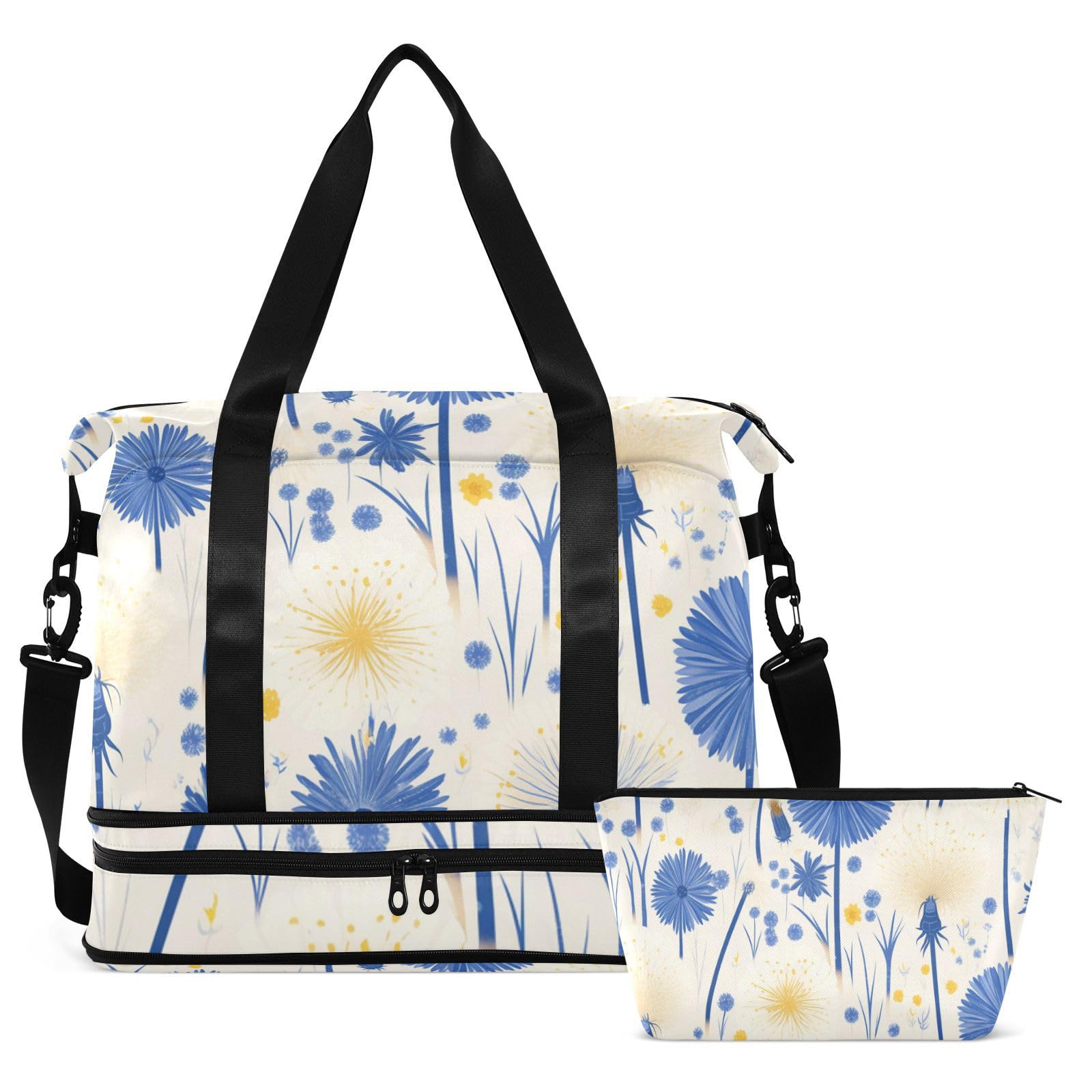Borsa da palestra blu bianca con fiore di tarassaco chic con tasca bagnata tracolla regolabile borsa da palestra per escursionismo grande capacità per uomini donne