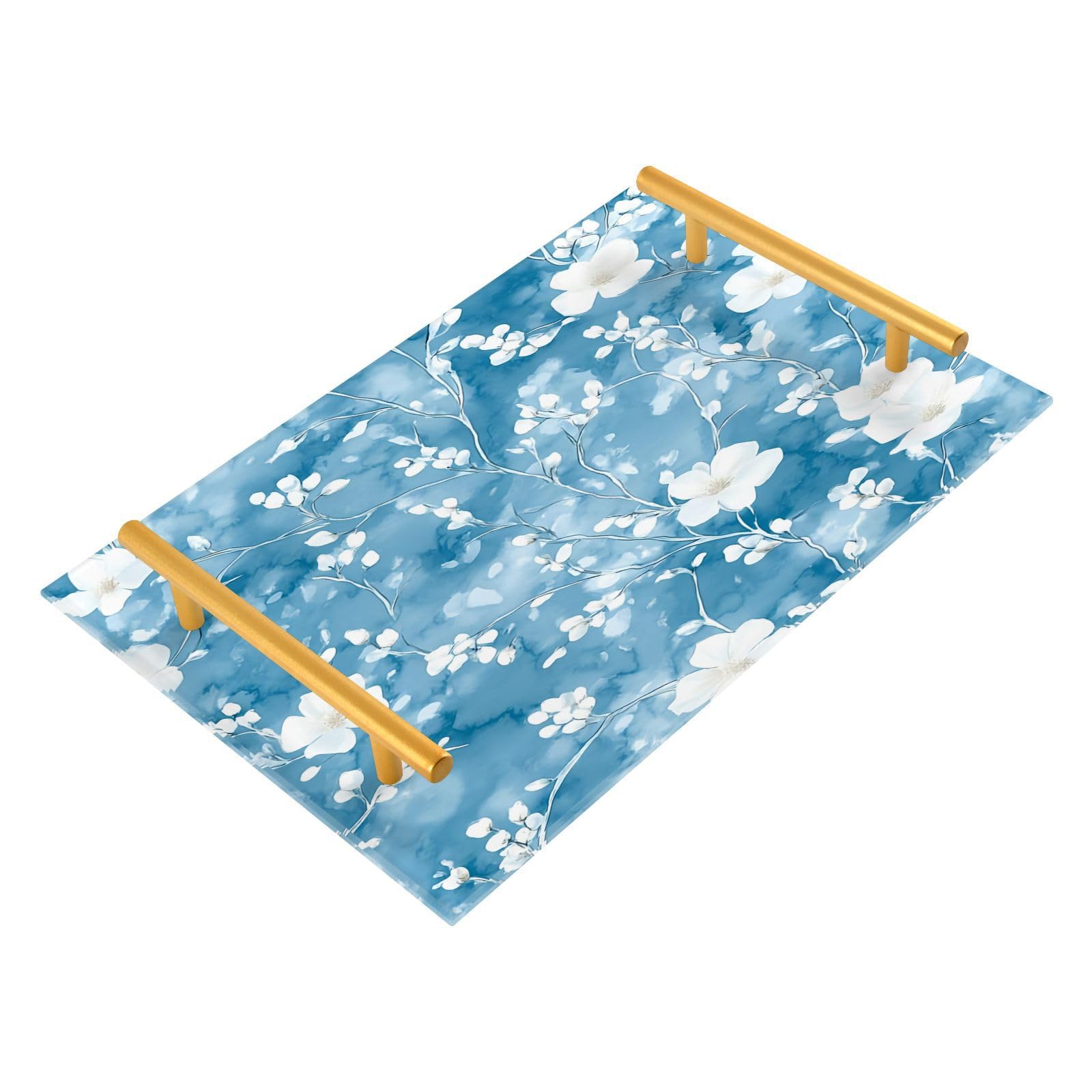 BOESI White Flowers on Blue Background Tray, Tray with Handles, Countertop Organizer, Decorative