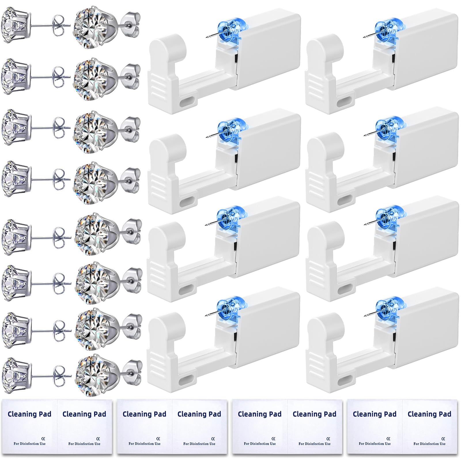 8 Pieces Disposable Ear Piercing Kit with 8 Pieces Self Piercing and 8 Alcohol Swabs, Metal Crystal Stainless Steel Metal Cubic Zirconia, Metal Crystal Stainless Steel Cubic Zirconia