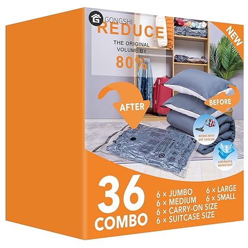 36 Pack Vacuum Seal Bags For Clothing,(6 Jumbo, 6 Large, 6 Medium, 6 Small, 6 Travel roll up bags,6 small Travel roll up bags) Space Saver Bag for Clothes, Blanket, Duvets, Pillows, Comforters
