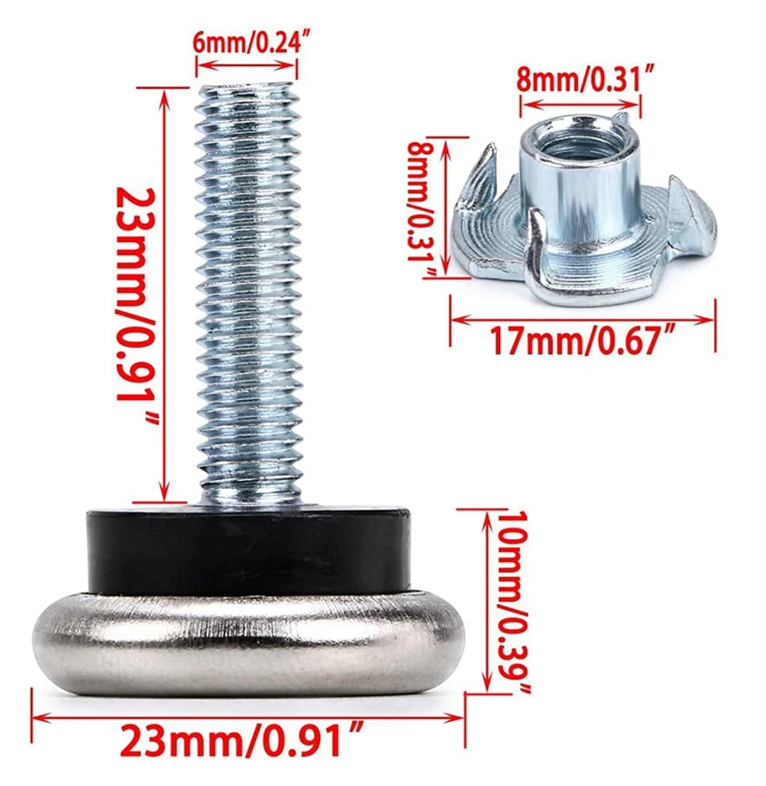 12 Almohadillas deslizantes de Fieltro for Patas de Mesa de Muebles, M6, niveladores Ajustables con Tuerca en T, Deslizadores y Protectores for Pisos de Madera.
