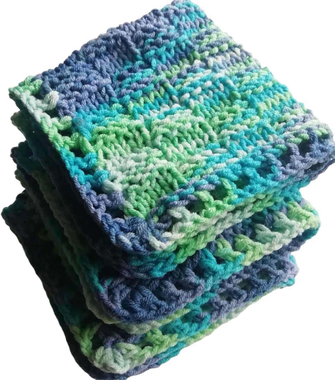 Cotton colorful dishcloth reusable set of 3, Knitted absorbent bright mini towels Dark blue-light green crochet square rags ecology