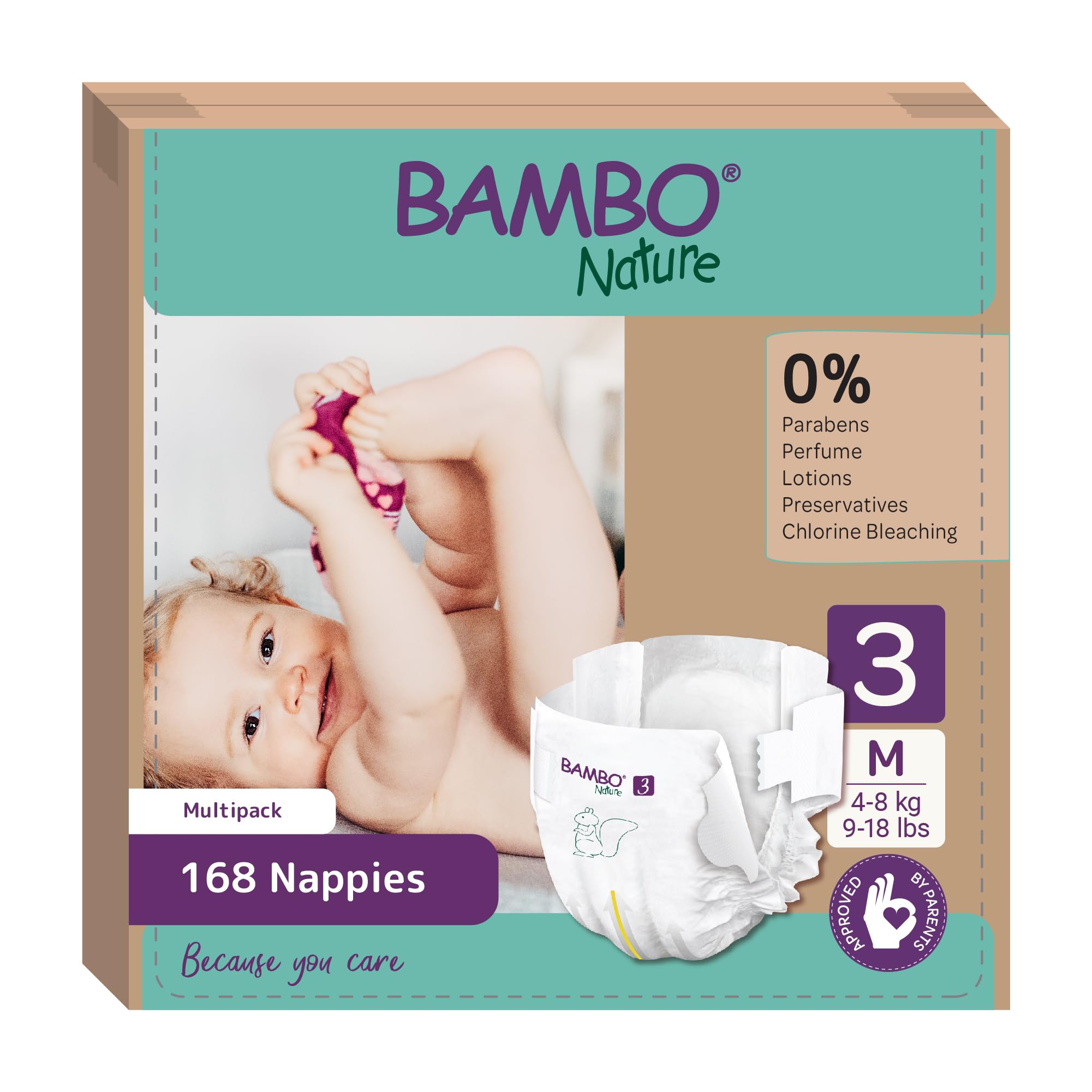 Bambo Nature Premium Eco Nappies, Size 3 (9-18lb/4-8kg), Midi, 168PK, Eco-Labelled, Enhanced Leakage Protection, Secure & Comfortable Baby Nappy