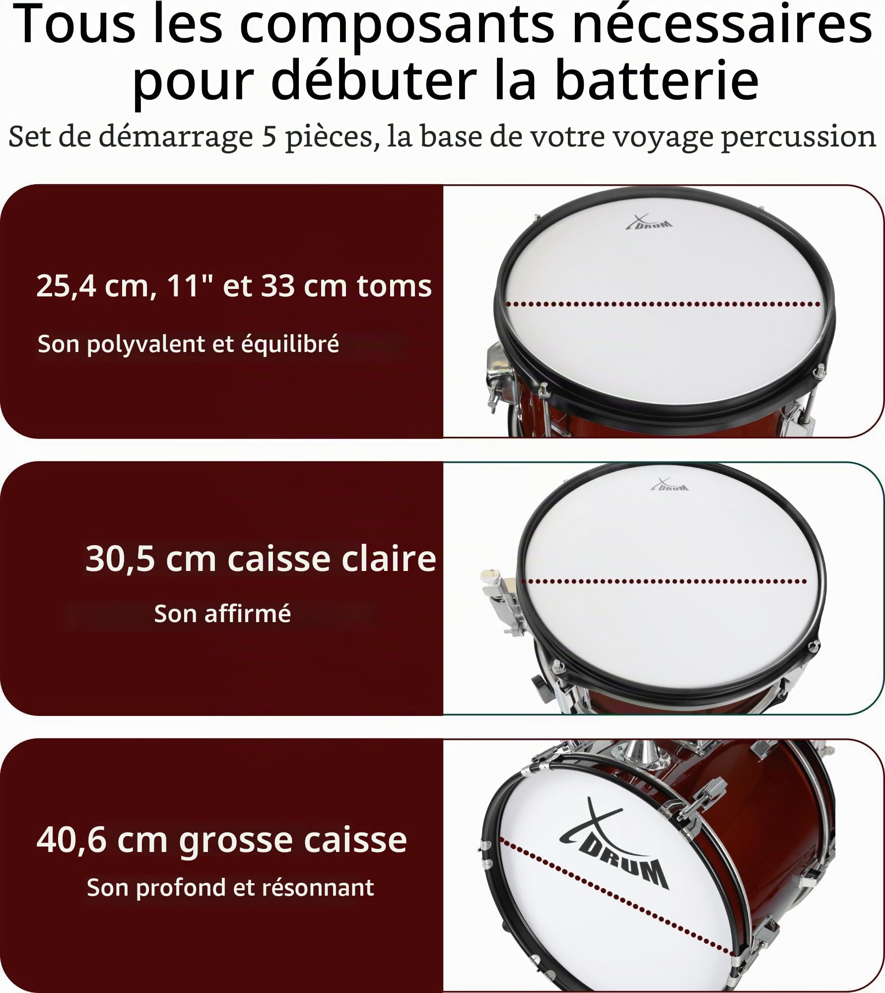 XDrum Junior Pro Batterie Enfant Rouge incl. École, Batterie composée de | Matériel 5 pièces simple, Grosse caisse 16", Pédale, HiHat 10", Caisse claire 12", Deux toms 10" et 11", Tom basse 13"