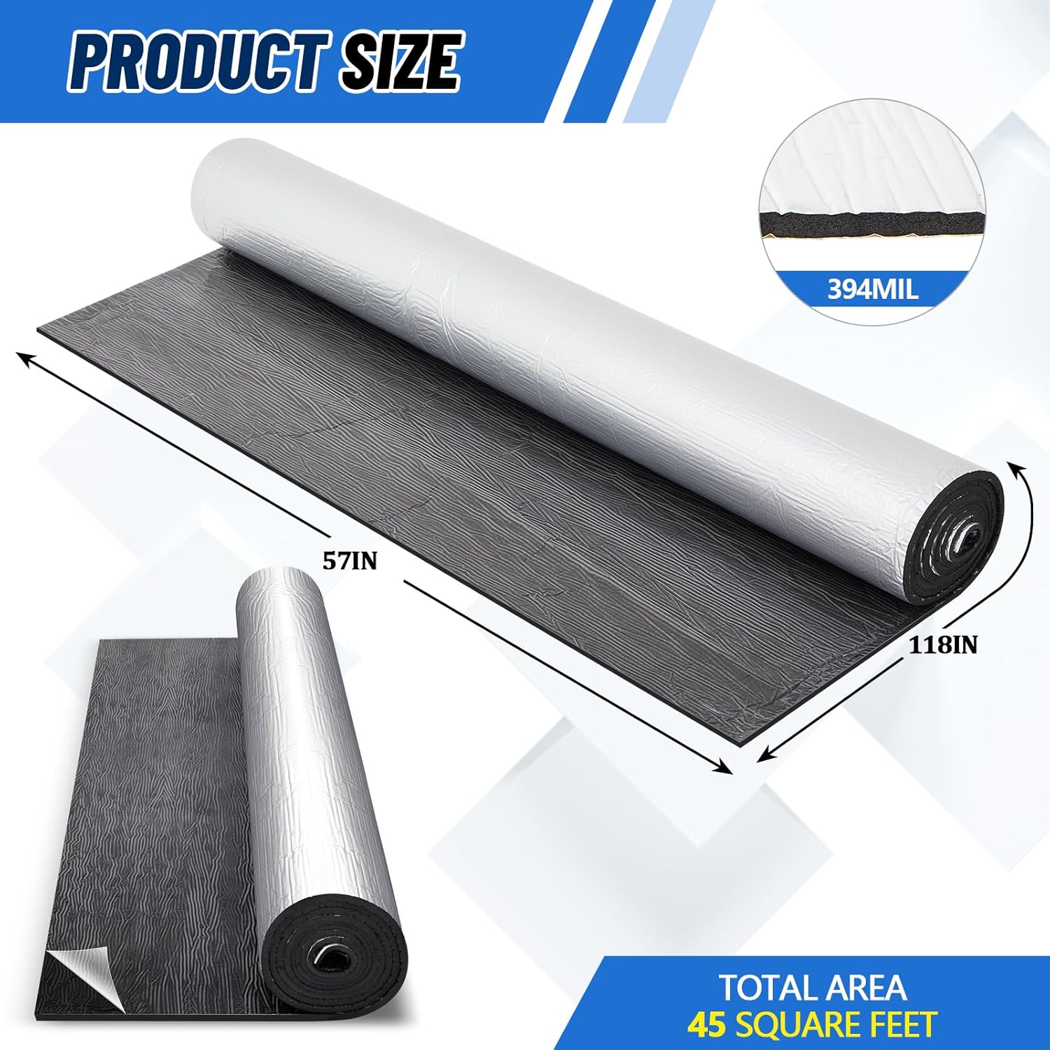 394mil 57 x 118 Inch Car Heat Sound Deadening Mat - 10mm 45sqft Automobile Noise & Heat Insulation Roll, Self-Adhesive Barrier for Auto Hood Engine Roof Door and Trunk, Aluminum Foil Finish