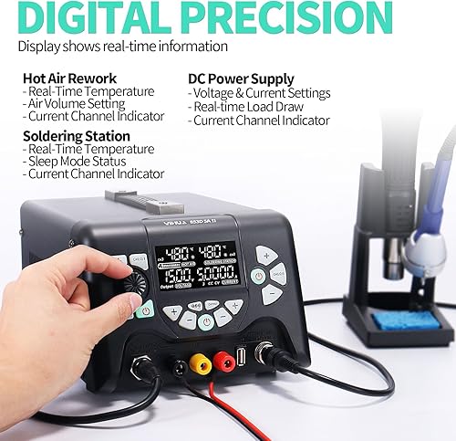 Miniatura 5 de YIHUA 853D 5A-II - Paquete de estación profesional de soldadura, retrabajo y fuente de alimentación con boquillas de aire caliente #2300 con soporte