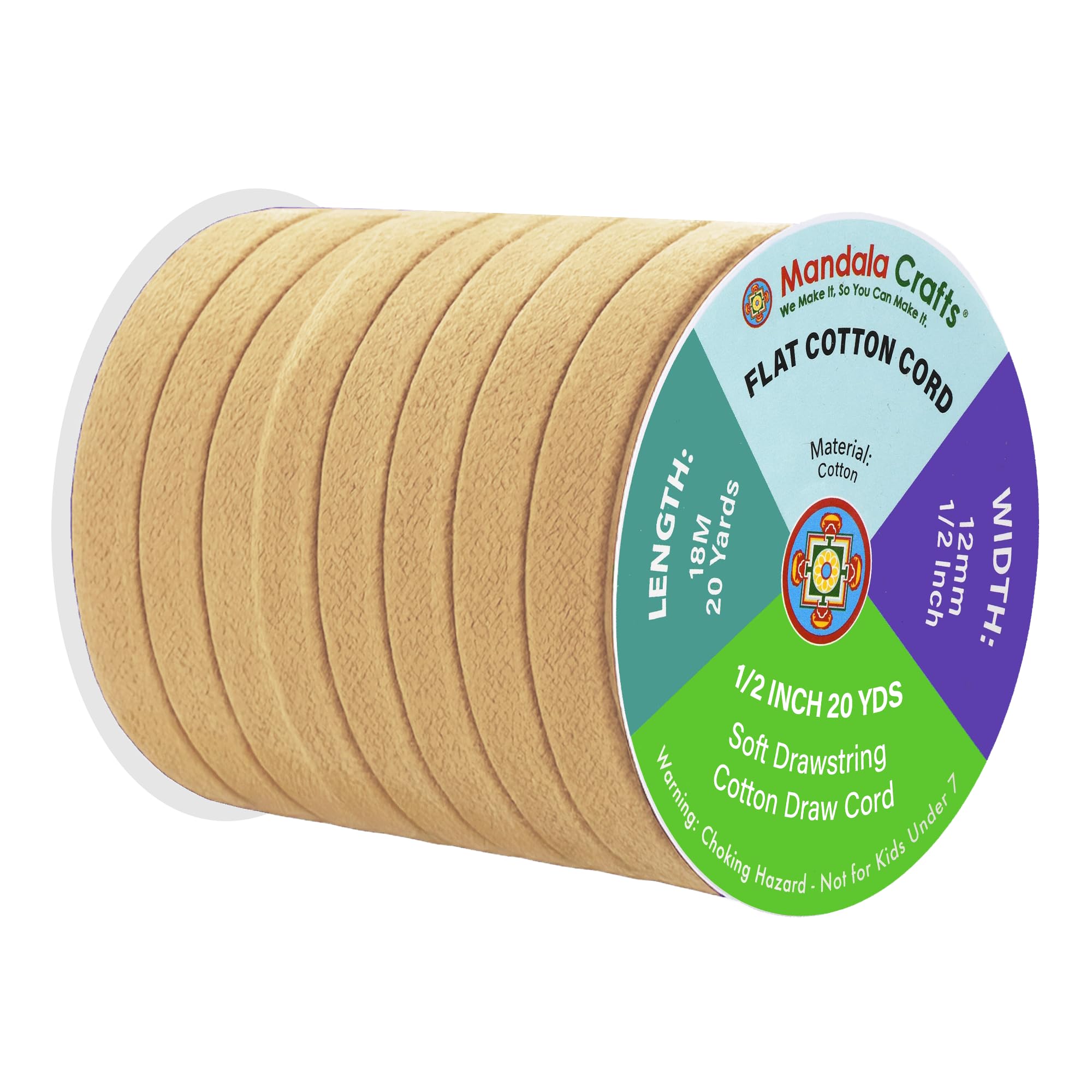 Mandala Crafts Khaki Flat Drawstring Replacement, 1/2 Inch 20 YDs Soft Drawstring Cotton Draw Cord Hoodie Sweatpants Drawcord Replacement