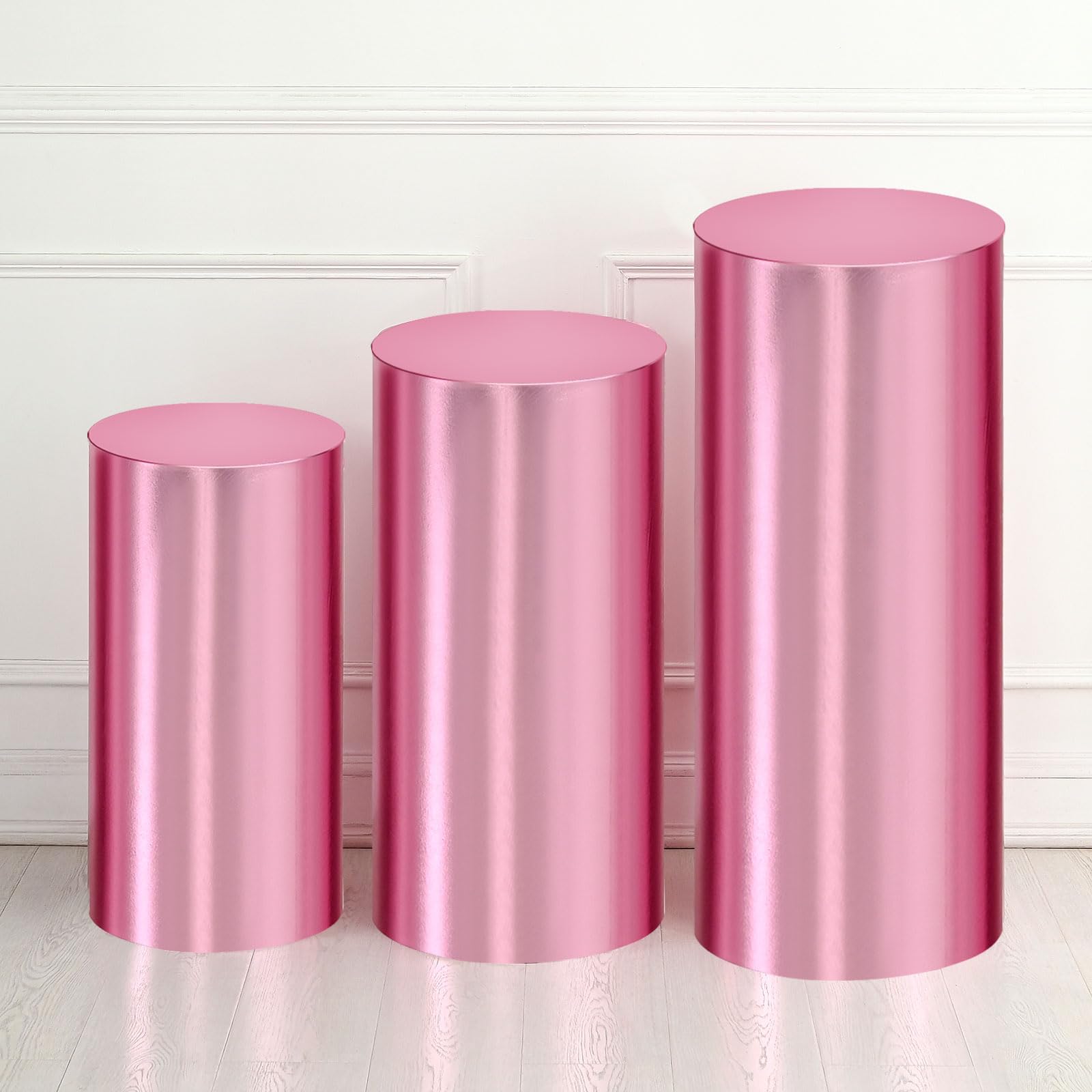 QUARKZMAN Juego De 3 Fundas De Cilindro De Spandex Rosa, Funda De Base De Pedestal Para Decoración De Fiesta Boda Cumpleaños, Solo Contiene Fundas De Cilindro (Tela De Foil - Grande)