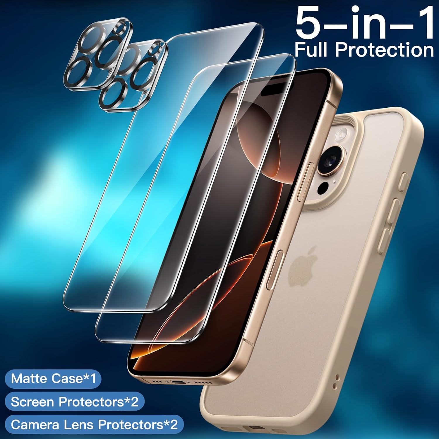 JETech 5 in 1 Matte Case for iPhone 16 Pro 6.3-Inch with 2-Pack Each Tempered Glass Screen Protector and Camera Lens Protector, Translucent Back Shockproof Phone Cover (Desert Titanium) 4 71S9P3782DL. AC SL1500