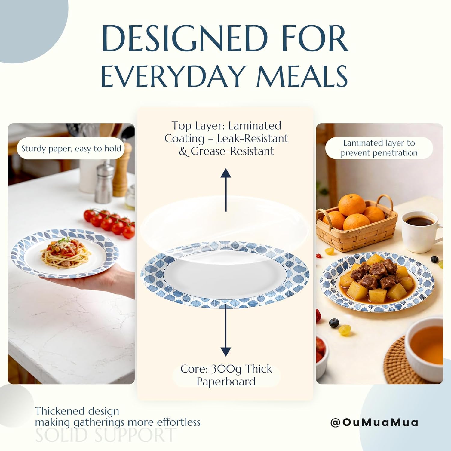 OuMuaMua 10 Inch Paper Plates, 300 Count Disposable Paper Plates, Soak Proof & Cut Resistant, Microwave Safe, Study Bulk Plates for Everyday Meals, Lunch & Family Use