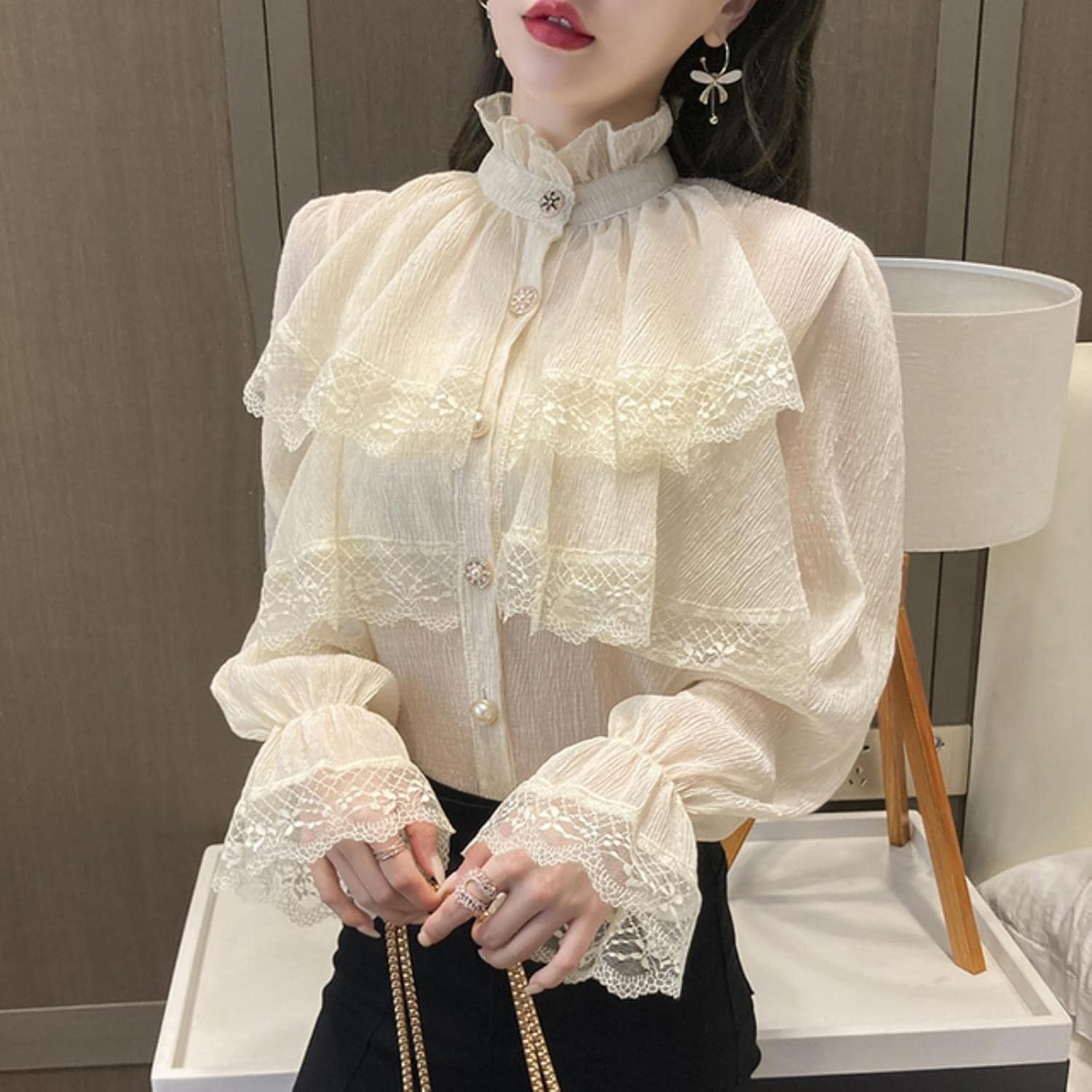 Weiß Viktorianisch Bluse Langarm Gothic Schnürkorsett Top Frauen Büro Renaissance Vintage Party Goth Rüschen Lolita Hemden, Apricot, M