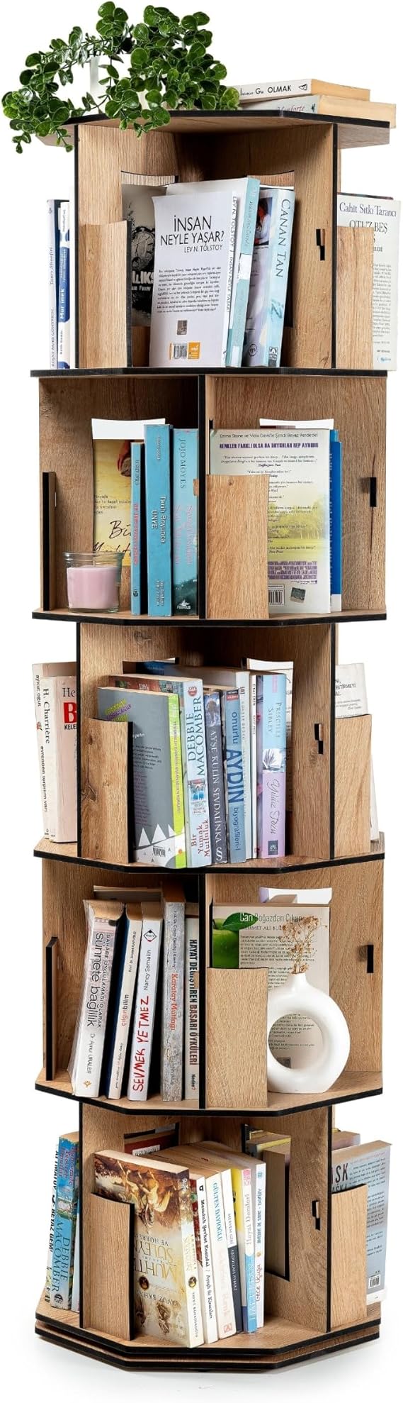 Vigo Wood 360° Rotary Bookcase – Modern and Decorative Multilayer Wooden Book and Magazine Shelf (Oak, 5 Shelves)
