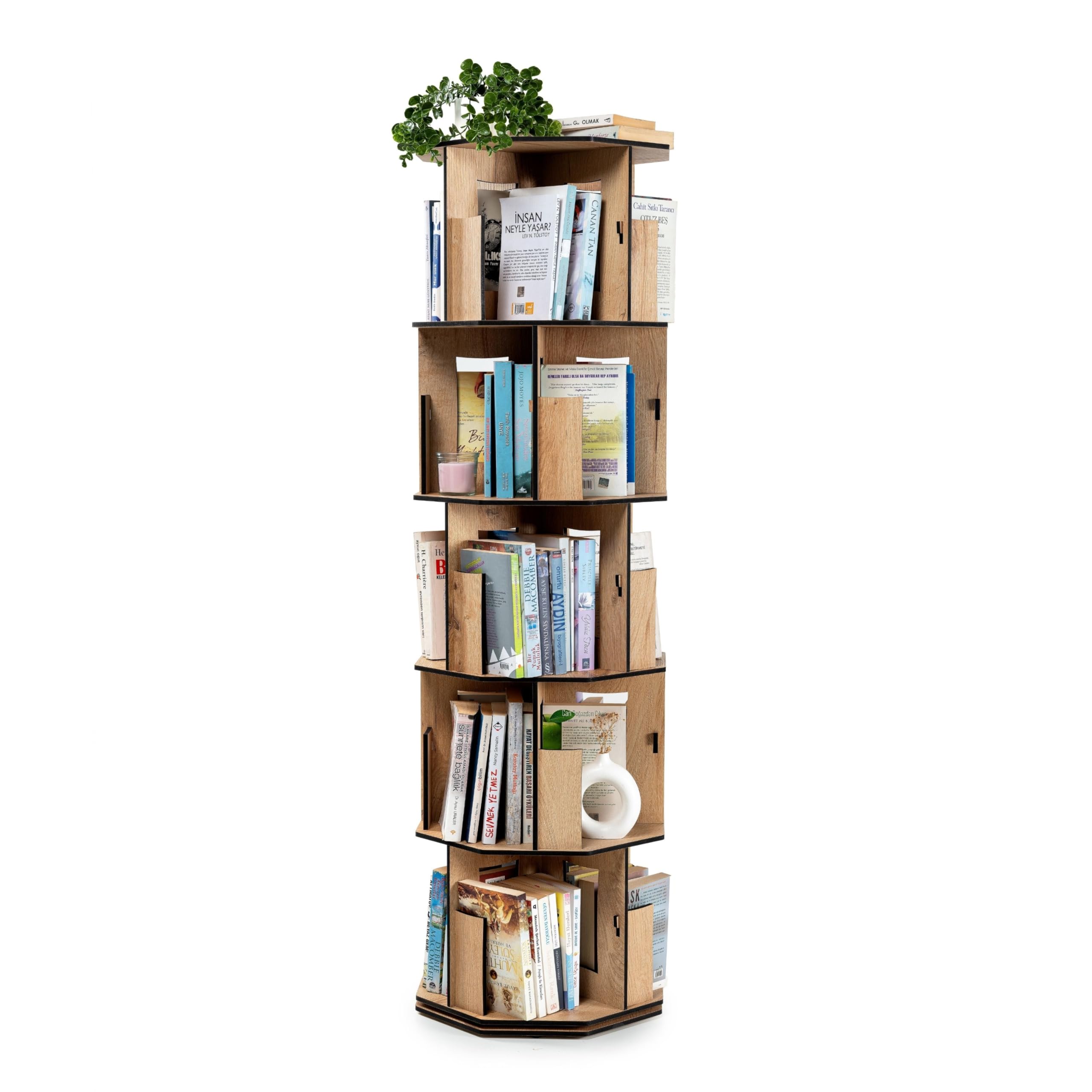 Vigo Wood 5 Tier Rotating Bookshelf Tower with Lazy Susan – Spinning Bookshelf Tower, Revolving Bookcase, Turning Book Shelf, Rotating Bookcase with