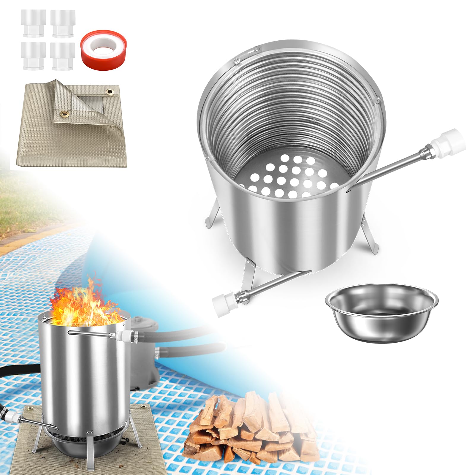 LARS360 Stainless Steel Pool Heating Fire Barrel with Coil, Firewood Oven for Swimming Pools, 32/38 mm Connections, Includes Mat & Residue Tray, Pack of 1