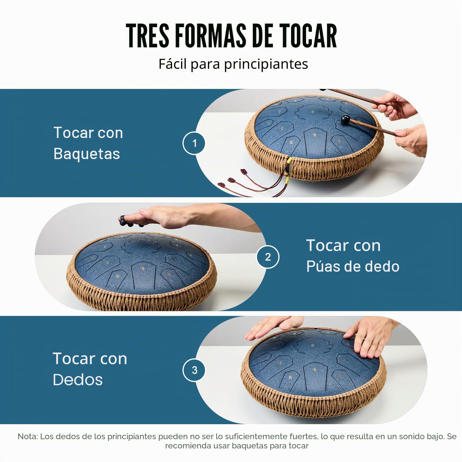 VEVOR Tambor de Lengüeta de Acero 356 mm 15 Notas Tambor de Mano D Mayor Tambor con 2 Mazos y Bolsa de Transporte Instrumento de Percusión de Tambor de Mano para Educación Musical y Yoga, Azul