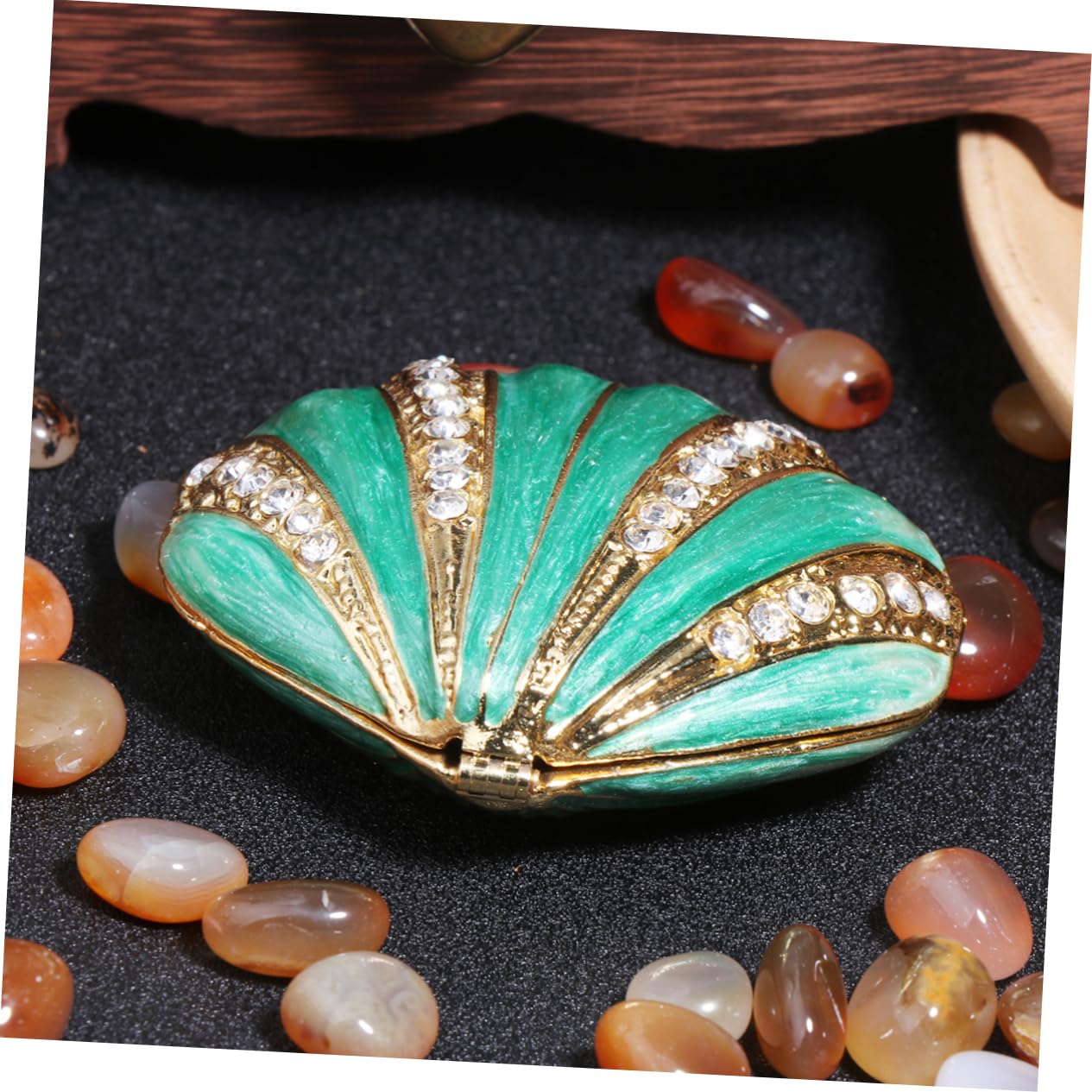 2piezas Caja De Joyería De Aleación De Enamel Forma De Concha Retro Organizador De Anillos y Accesorios Almacenamiento Compacto Para Mujeres Verde