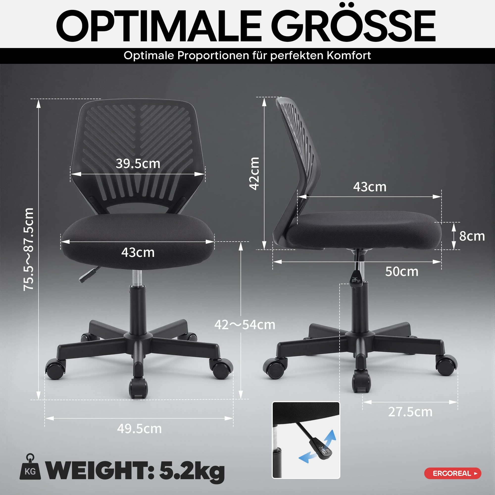 Ergonomischer Bürostuhl ohne Armlehne, Bürostuhl mit Rollen & Höhenverstellung, Bürostuhl Cozy mit Ergonomischer Rückenlehne,Homeoffice/Arbeitszimmer/Studienzimmer (Tiefe Schwarz)