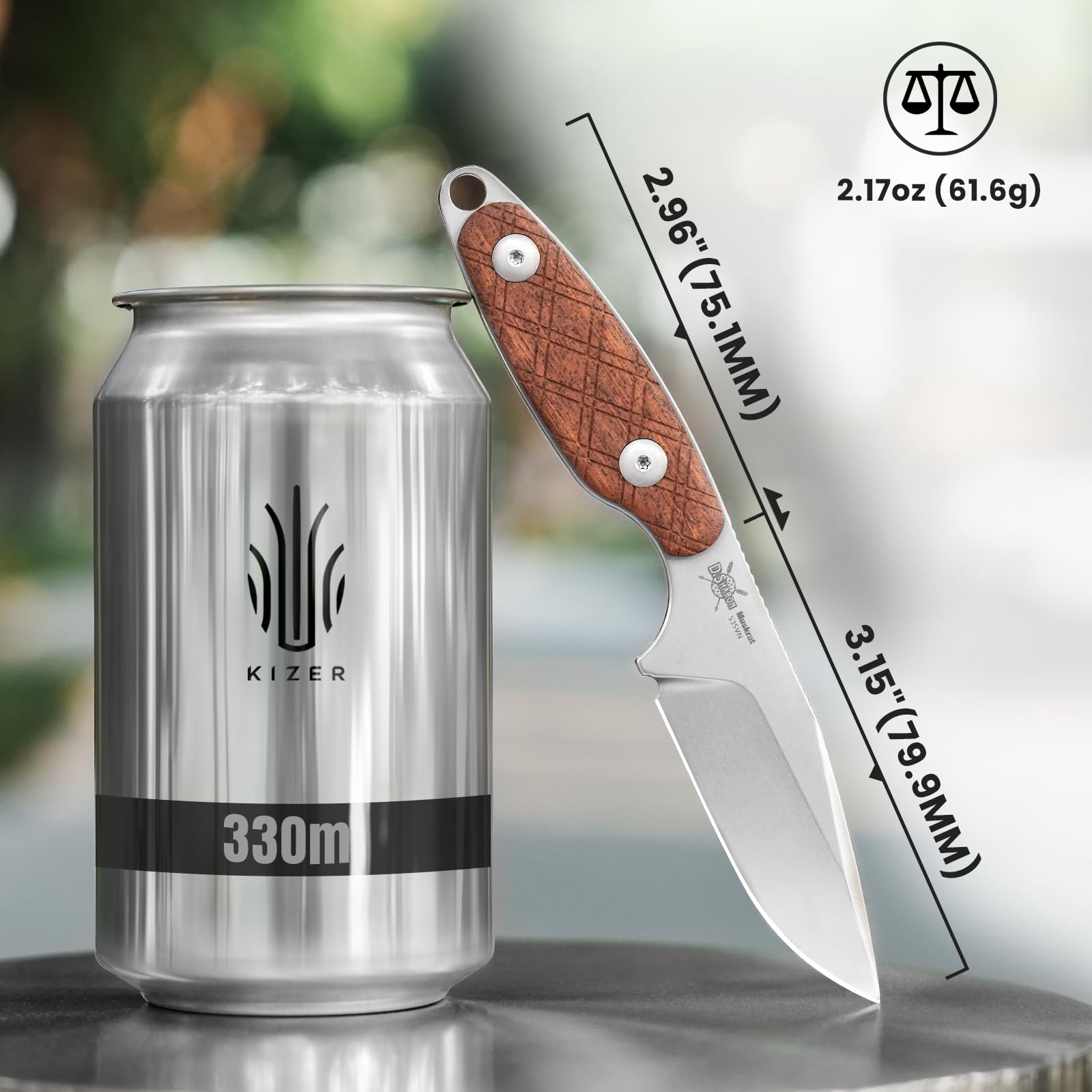 Kizer Muskrat Feststehender Messer, 8 cm S35VN Stahl mit Mkuruti Holzgriff Feste Klinge EDC Messer für Männer Frauen, für Outdoor-Jagd Wandern Überleben Camping mit Scheide, 1064A2