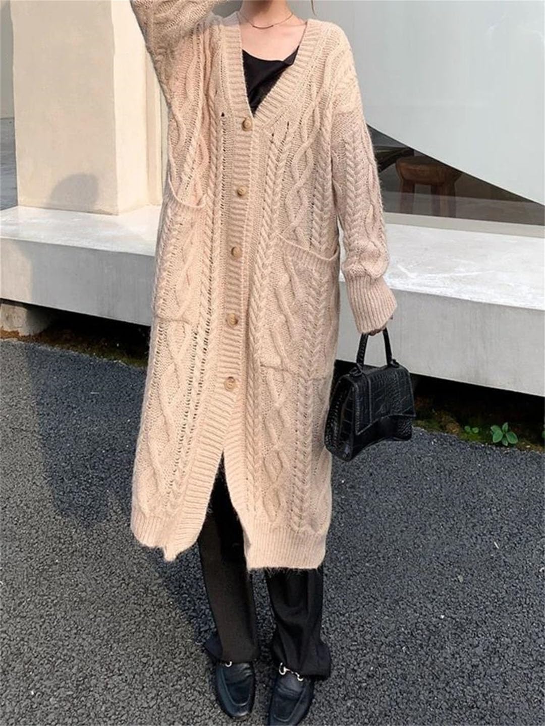 Cardigan lungo da donna, lavorato a maglia, largo, tinta unita, scollo a V, maniche