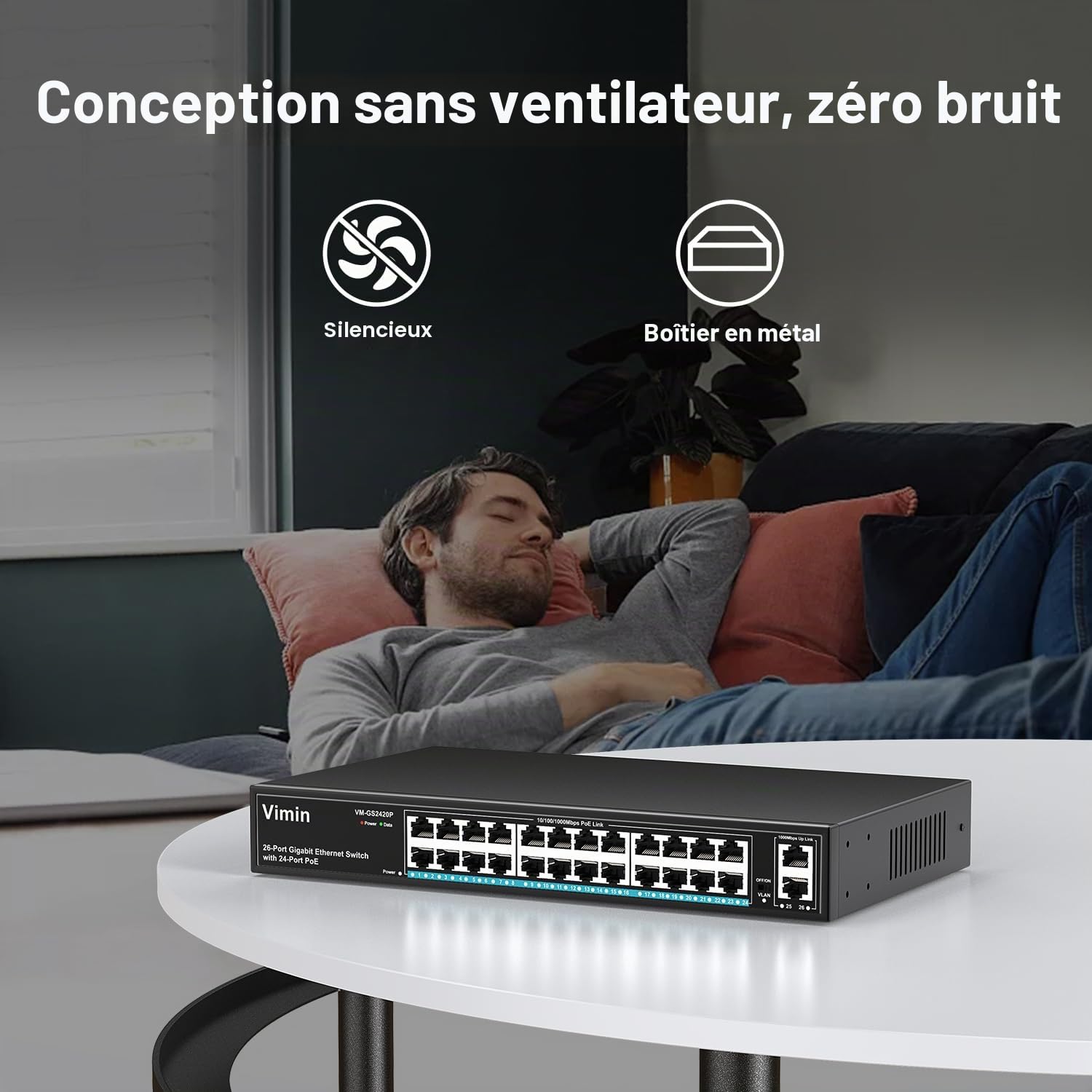 VIMIN Commutateur PoE Gigabit 24 Ports avec 2 Ports Montants Gigabit, Commutateur Ethernet PoE Non Géré 26 Ports avec Une Puissance de 320W, Prise en Charge de IEEE802.3af/at, VLAN, Boîtier en Métal