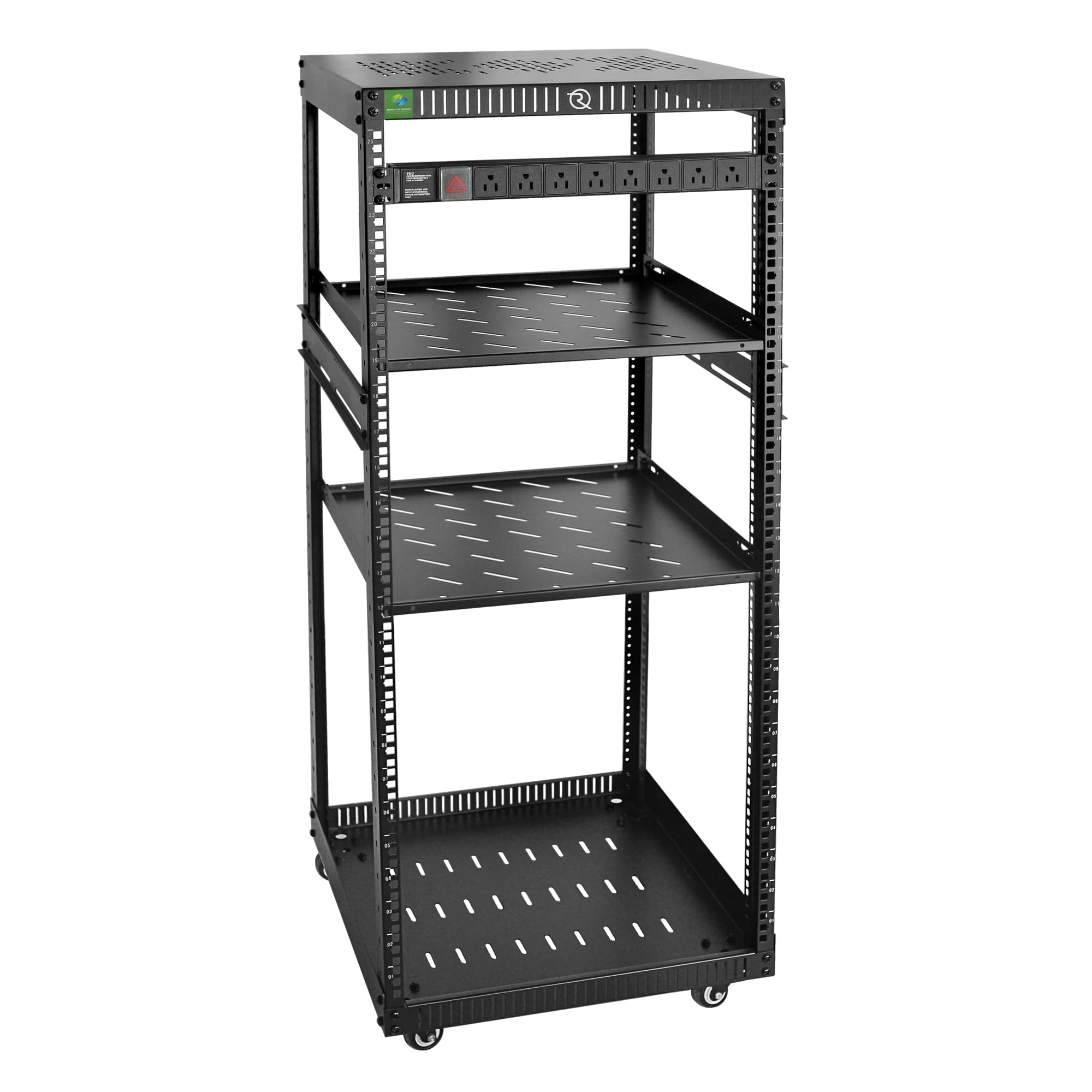 RIVECO 25U Network Rack with Reinforced Top Cover - 4 Post Floor Rack on Wheels for 19" Equipment & Stereo Gear- Including Mount Power Strip & 2PCS 1U