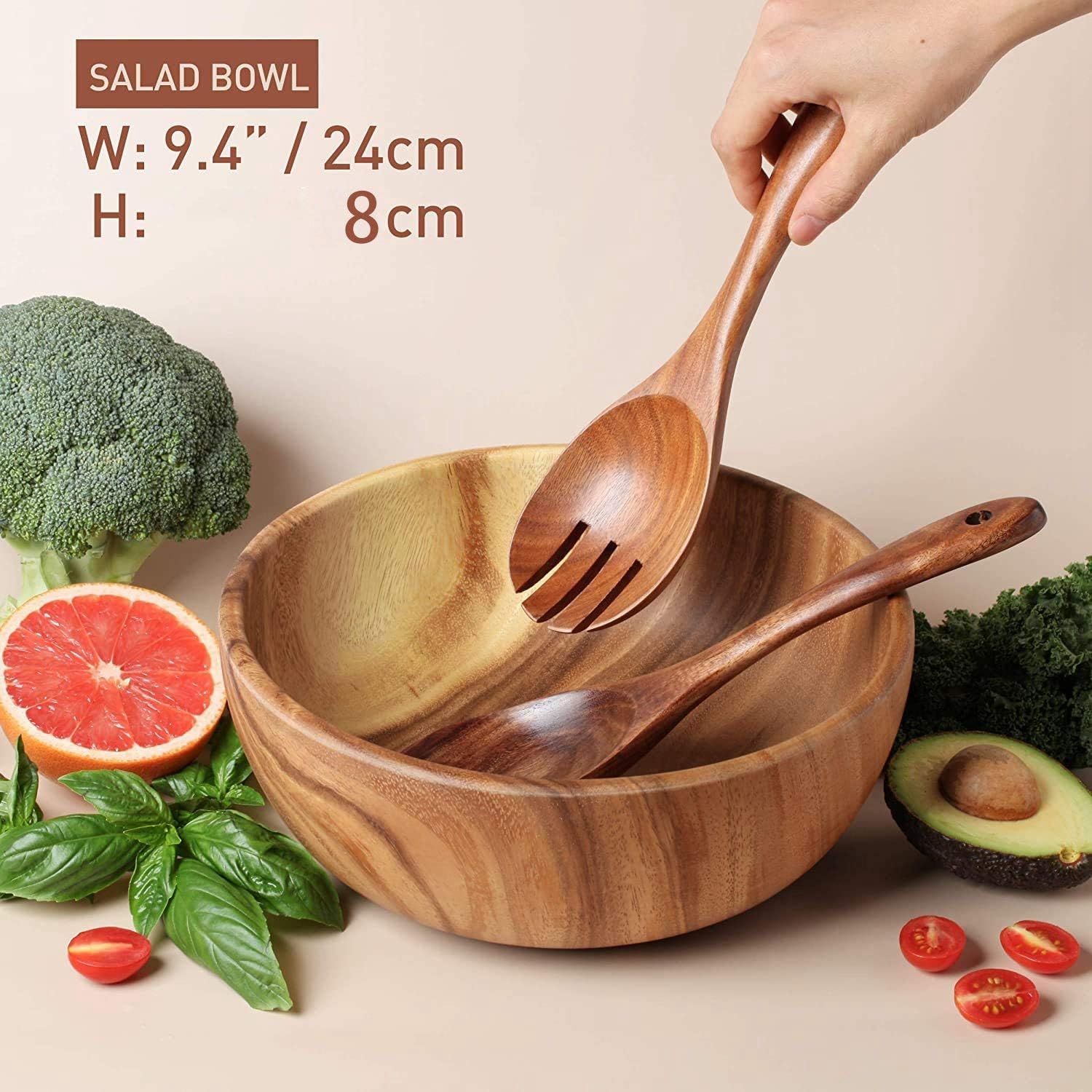 Saladier en Bois de 24 cm avec cuillère, Peut être utilisé pour Les Fruits, la Salade