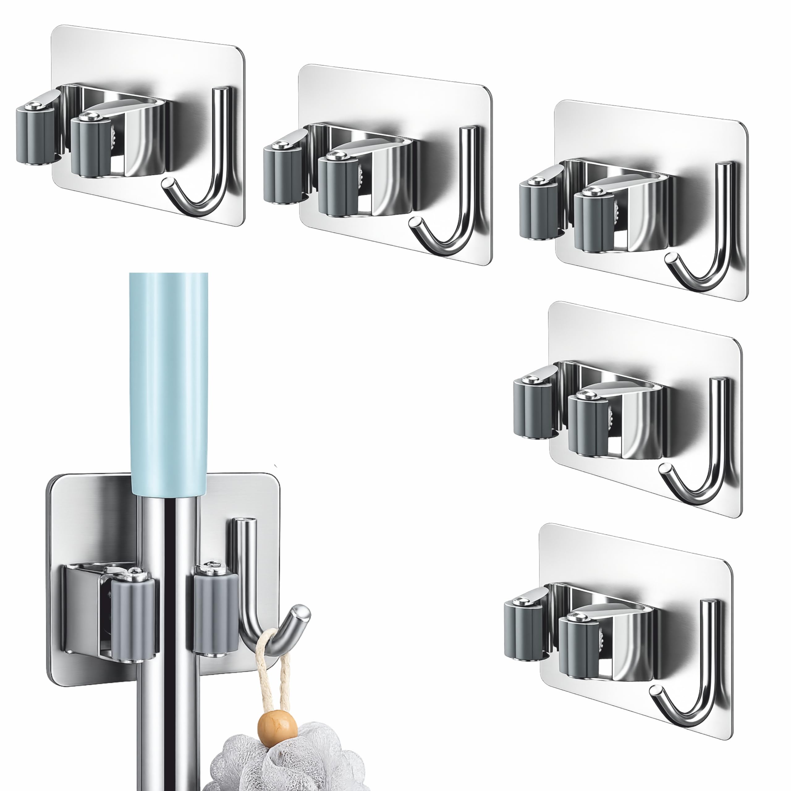 JIALTO 5 Pcs Stainless Steel Broom Holder with Hook - Wall-Mounted Adhesive Storage for Broom Holders, Mops, and More-image-12