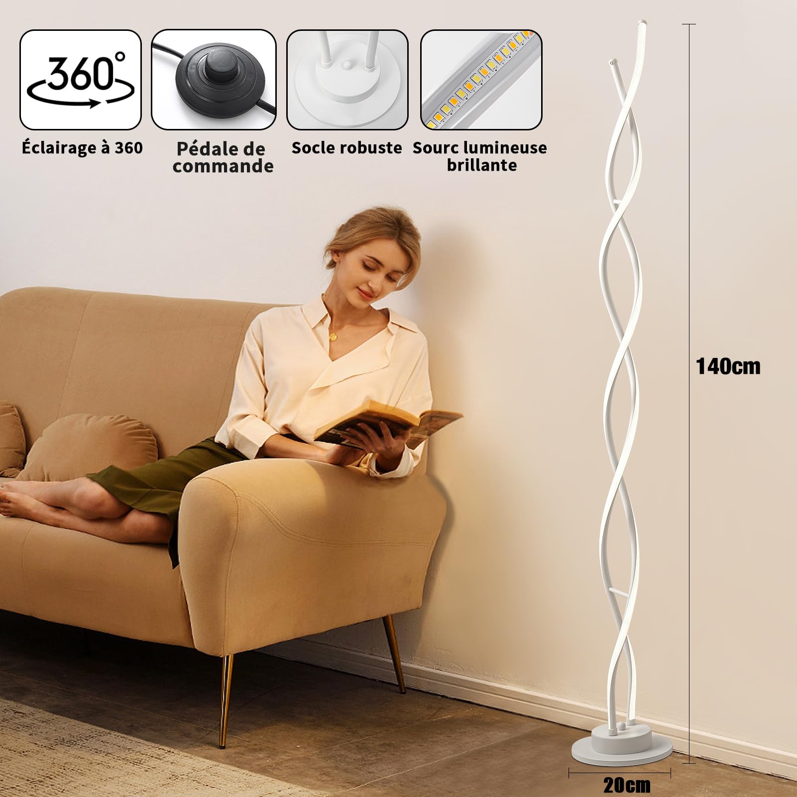Lampara de pie, Lampara de pie salon LED, Lamparas de pie para salon con 3 temperaturas de color y 5 niveles de brillo, 145CM Lámpara de pie Blanco para Salón con Mando a Distancia.