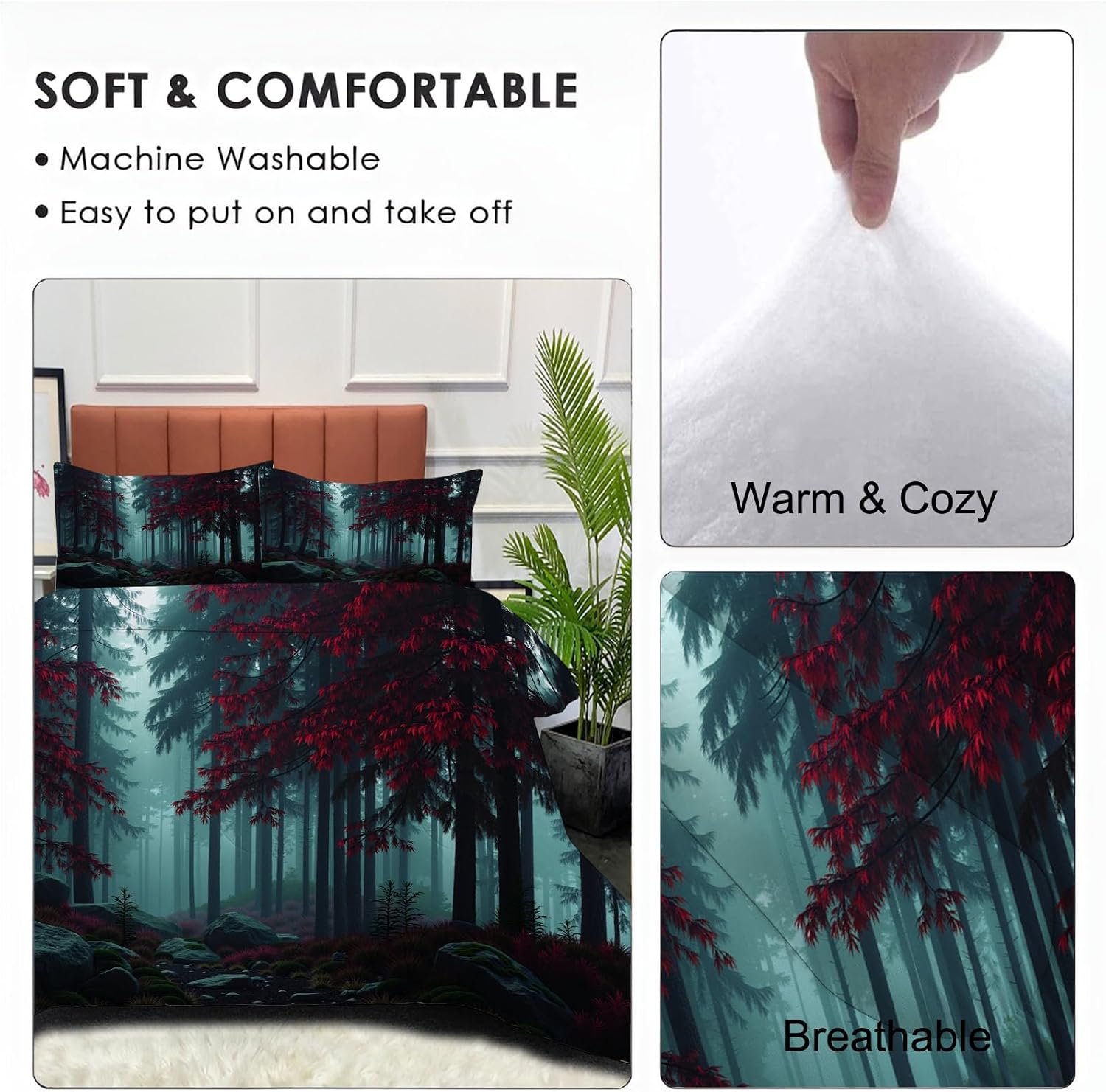 Mysterious Landscape Comforter Set Full Size, Pine Forest Bedding Set for Girls Boys, Dark Blue-Gray Quilt Bed 79"X90" Bedding Comforter Sets with 2 Pillowcase Room Decor