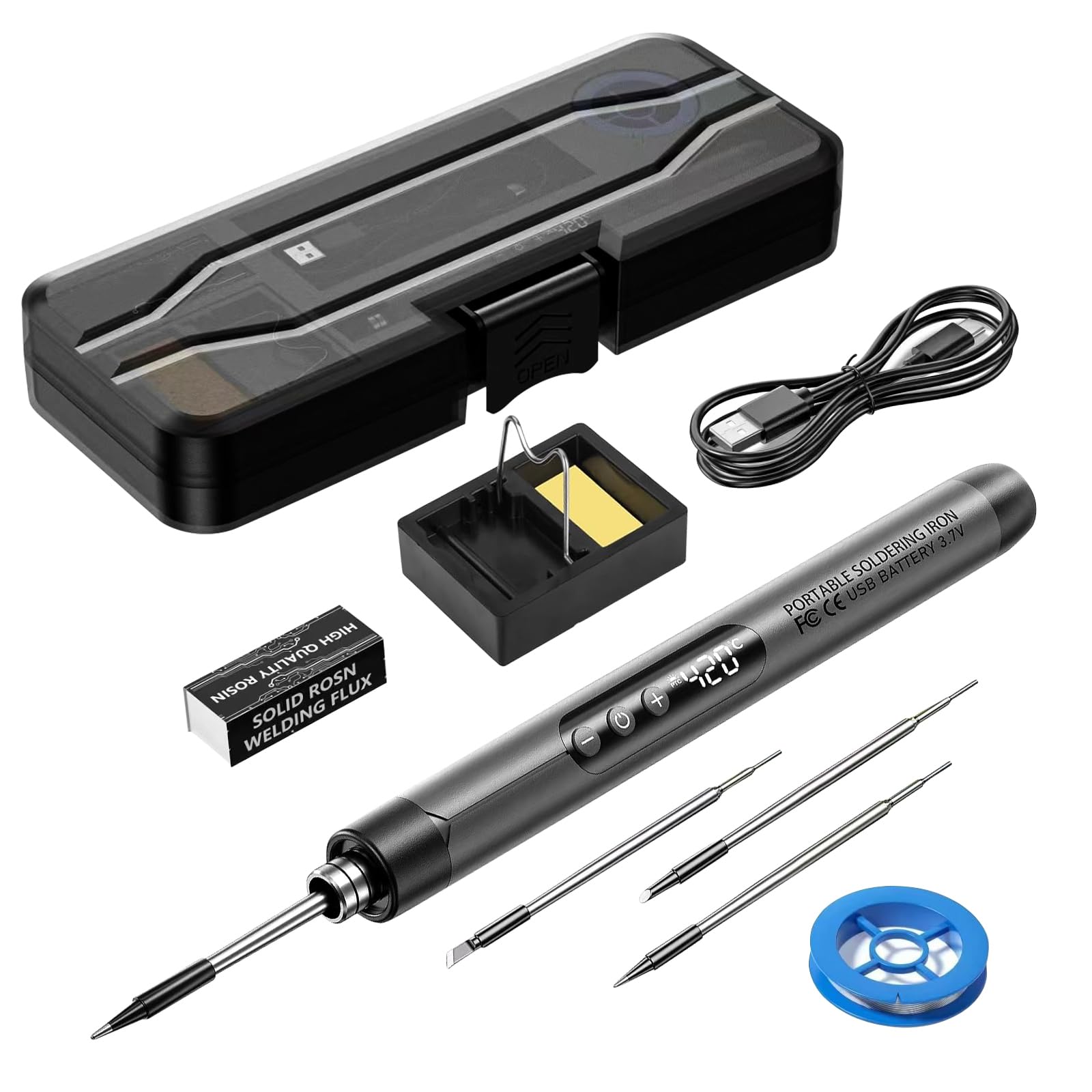 Set di saldatori a batteria, ricaricabile tramite USB, con LCD, senza fili, temperatura regolabile da 260 a 420 °C, 3 punte per saldatura, filo per saldatura, set regalo per fai da te