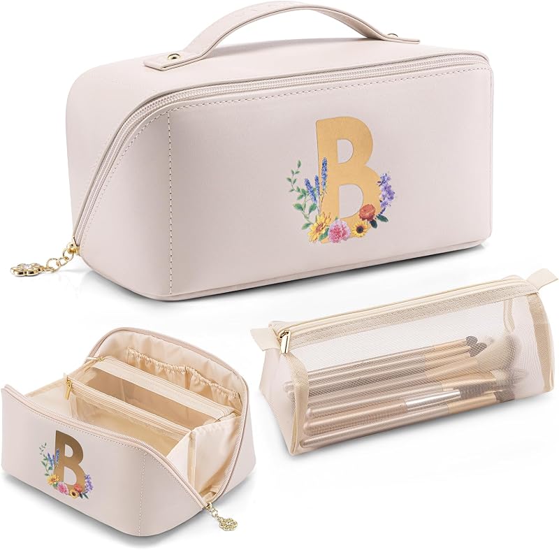 Necessaire de maquiagem VLANDO com porta-pincéis separado, Letter B, Off White