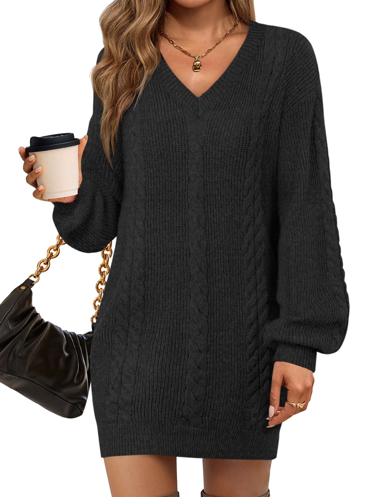 Saodimallsu Womens Oversized Mini Sweater Dress Casual V Neck Cable Knit Long Lantern Sleeve Fall Tunic Pullover Sweaters