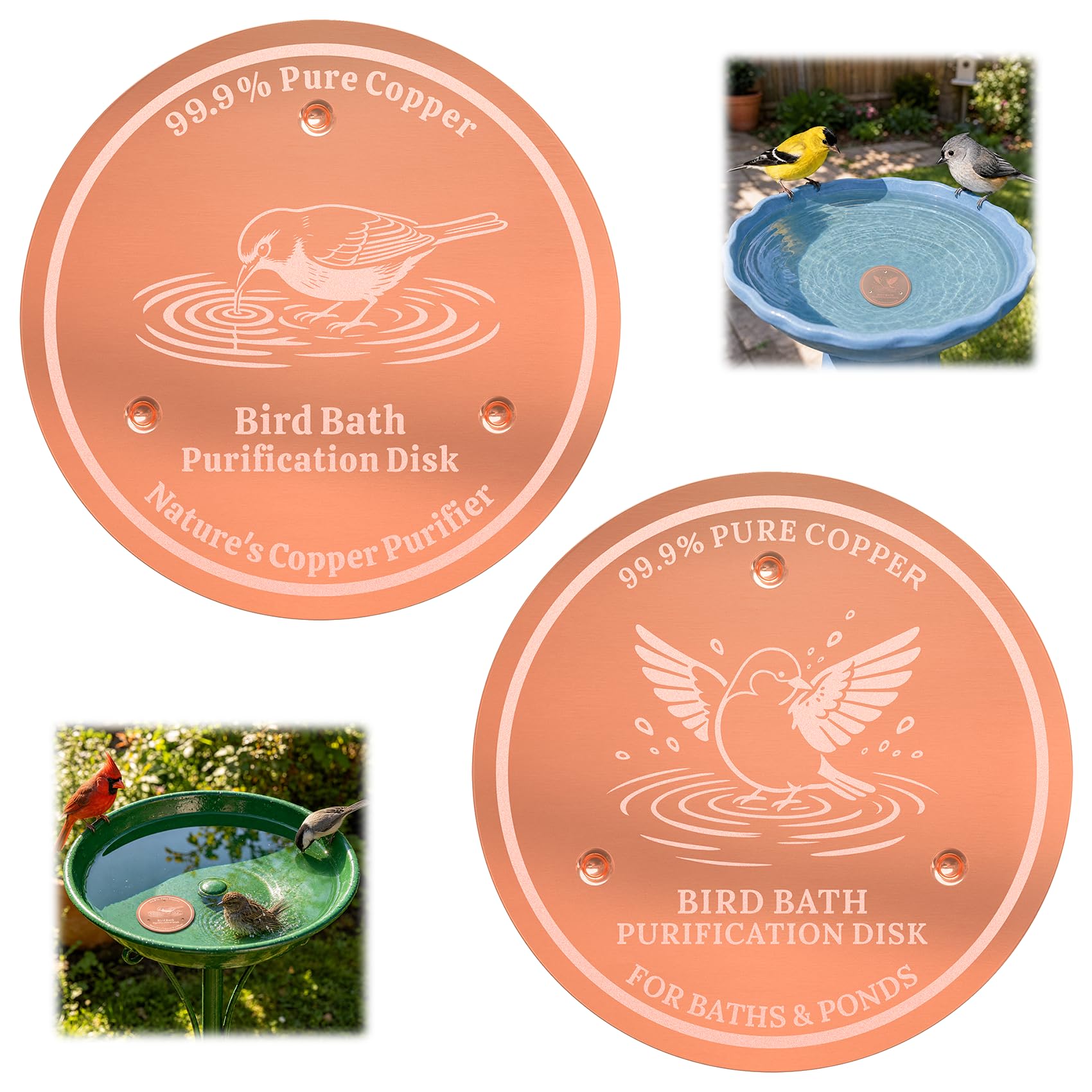 2 Pcs Bird Bath Copper Disk 99.9% Pure Copper Birdbath Purification Disk