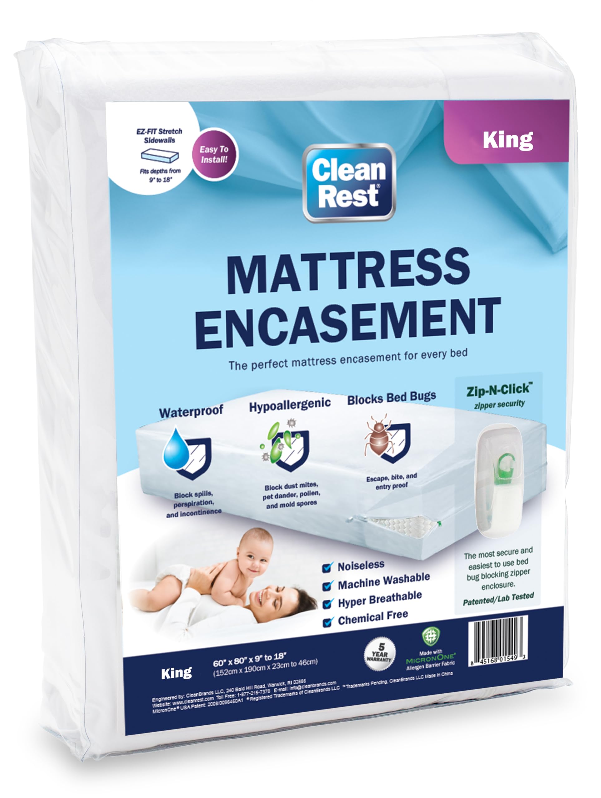 CleanRest Mattress Encasement (Zippered Protector) w/Patented Fabric and Zipper Closure for Superior Bed Bug, Allergy & Waterproof Protection and Cooler Sleep. - King Size