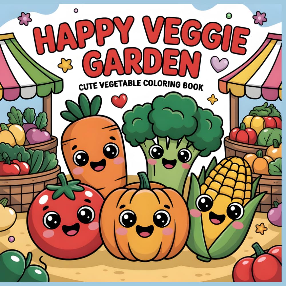 Happy Veggie Garden: Cute & Cozy Vegetable Coloring Book for Adults and Teens