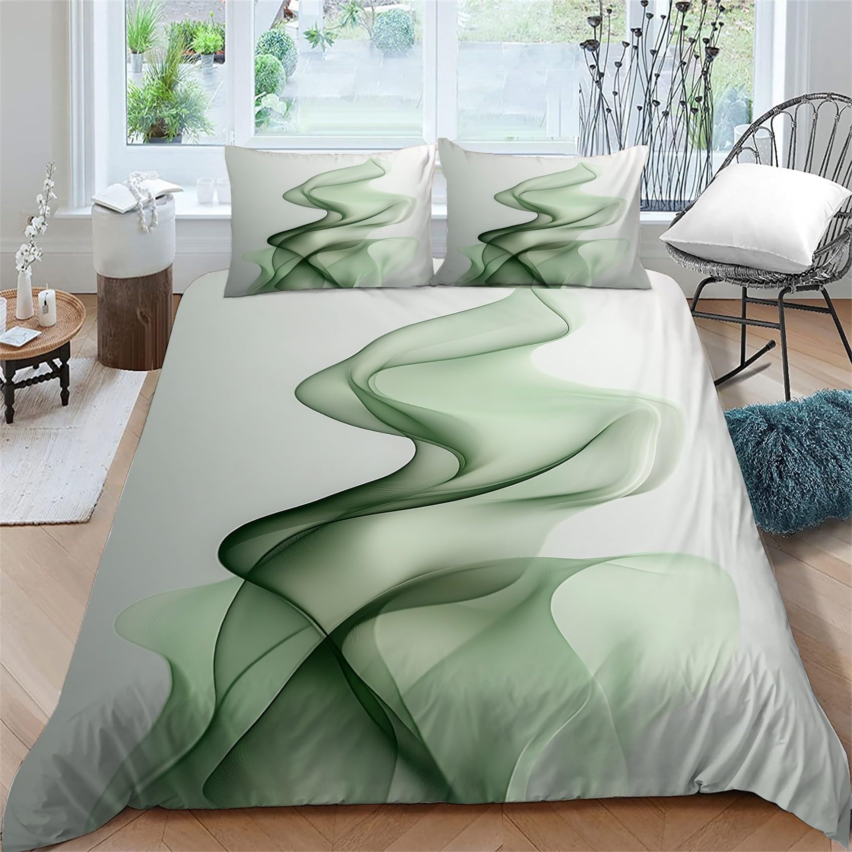 Housse de Couette 140x200 Vert Imprimé Motif Abstrait avec Parure de Lit Fille Garçon
