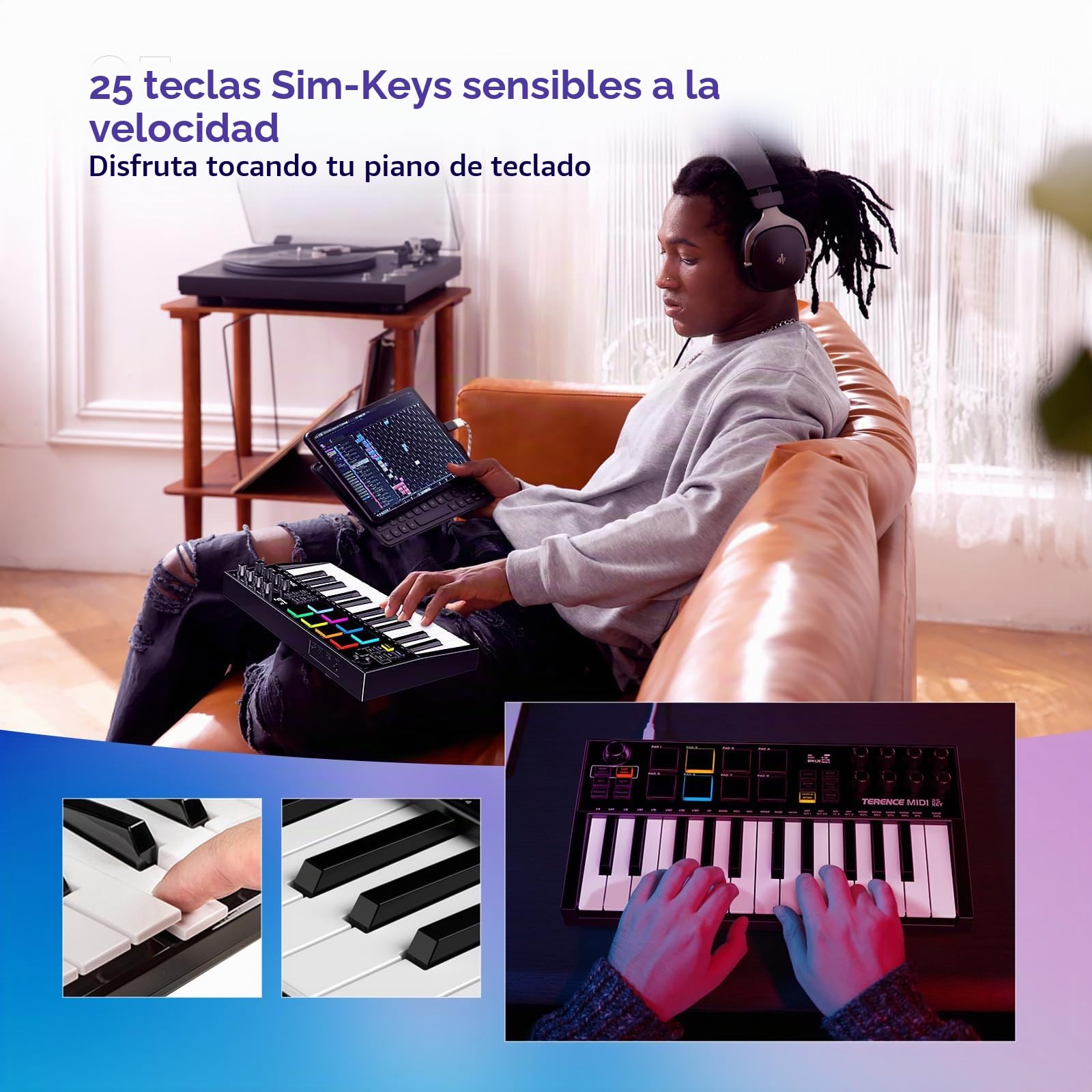 TERENCE Teclado MIDI 25 Teclas Profesional Controlador MIDI Keyboard 500mAh 8 Pads RGB Perilla Infinita de 360° 8 Perillas Asignables Pantalla OLED Compatible con Múltiples DAWs y Dispositivos