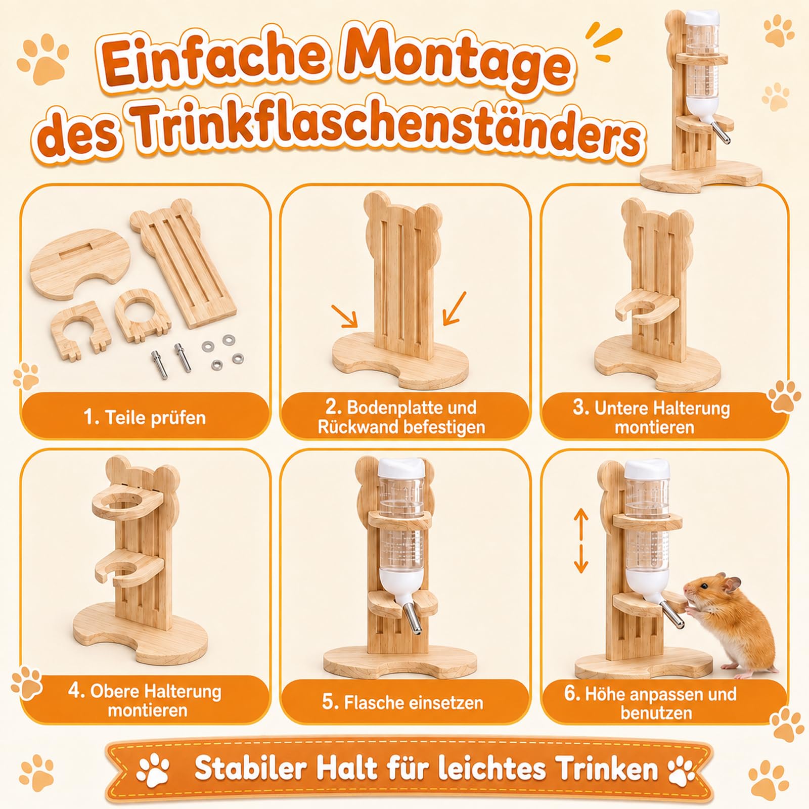 Juego de 6 accesorios para hámster de madera natural, parque infantil para hámster con rueda ajustable silenciosa, 2 plataformas, valla de madera, portabotellas y tumbona para hámsters dorados
