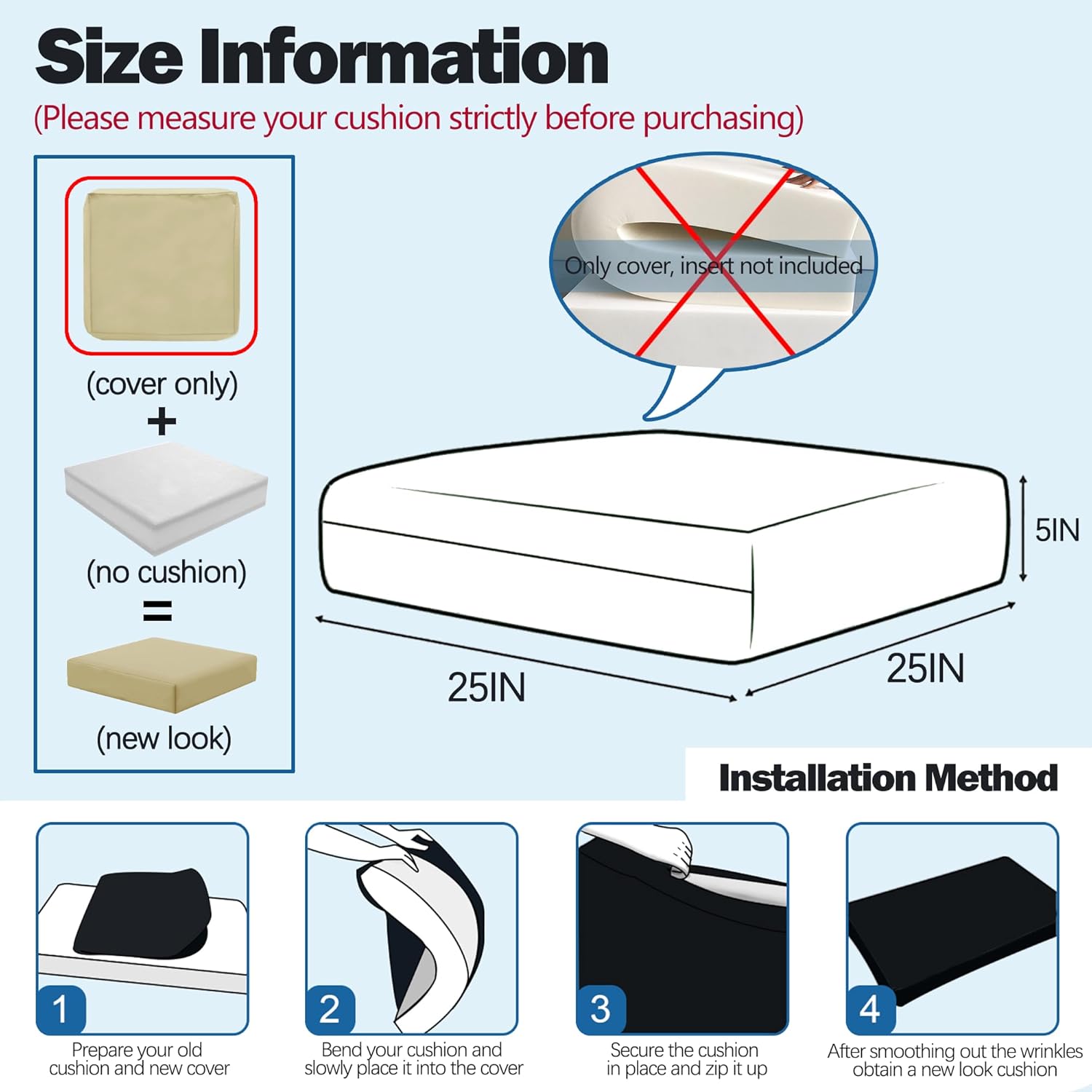 Sqodok Patio Cushion Cover 25x25 inch, Waterproof Outdoor Cushion Covers Replacement for Outdoor Furniture, Large Cushion Slipcover Set of 2 Sectional Cushions Cover for Sofa Couch Chair, Tan