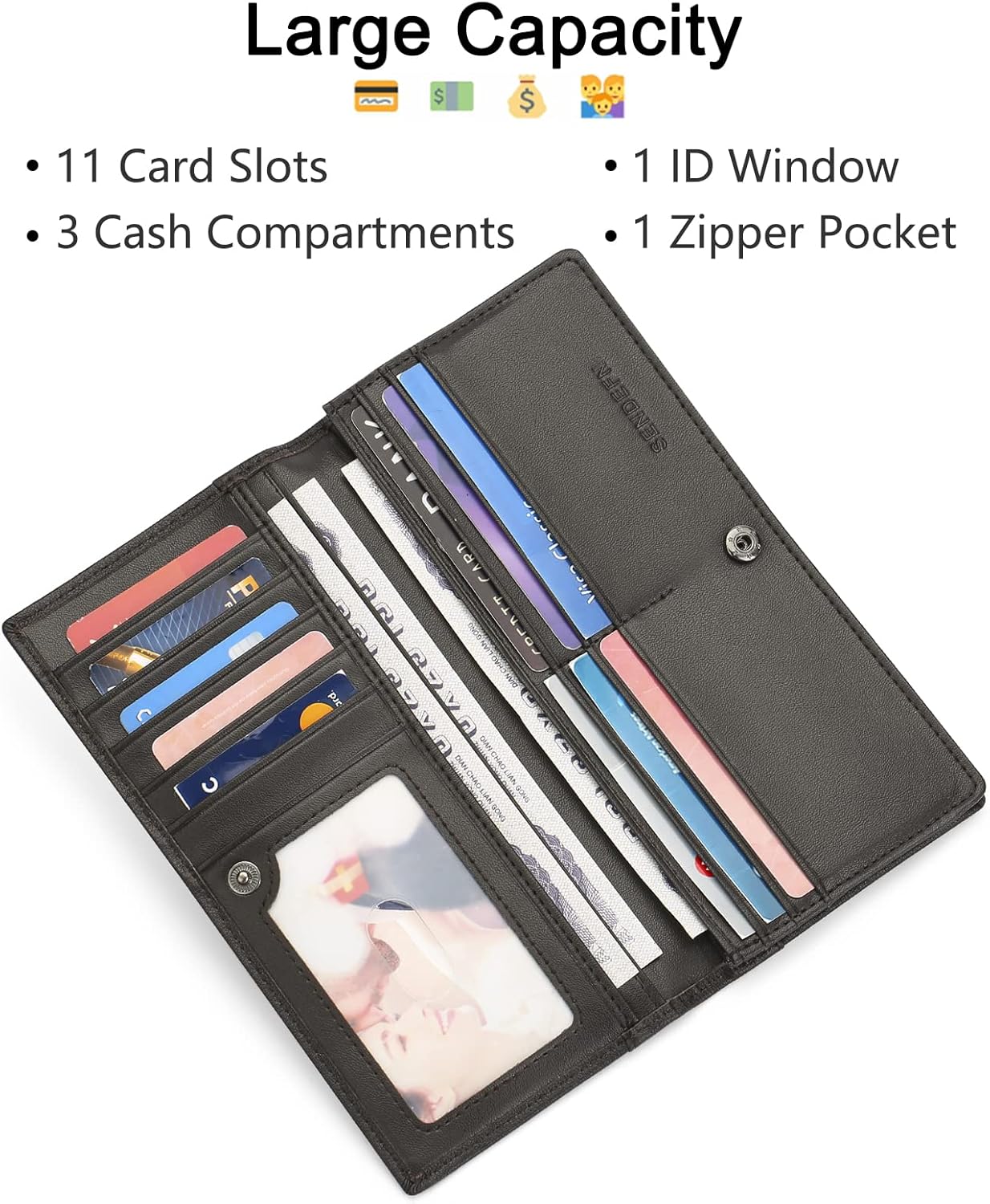 SENDEFN Long Wallets for Men Genuine Leather Slim Bifold Wallet RFID Blocking for Checkbook Credit Card - Image 2