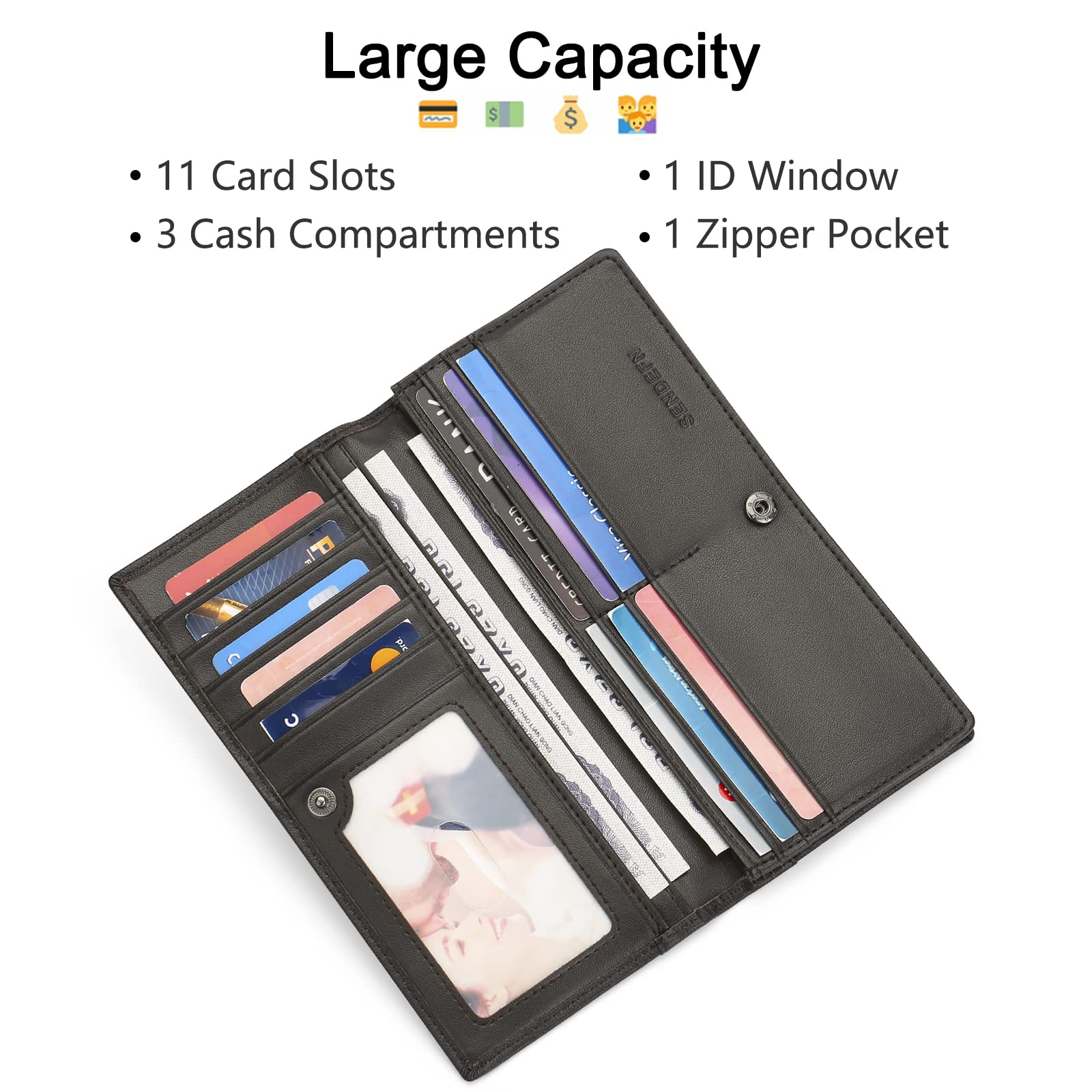 SENDEFN Long Wallets for Men Genuine Leather Slim Bifold Wallet RFID Blocking for Checkbook Credit Card