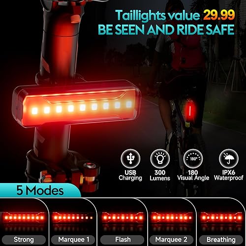 Vista 6 de 6 LED Super Bright Bike Light for Night Riding,10000 Lumens Upgrade Aluminum 6000 mAh Rechargeable Bicycle Light,Runtime 48+hrs,10 Modes Waterproof